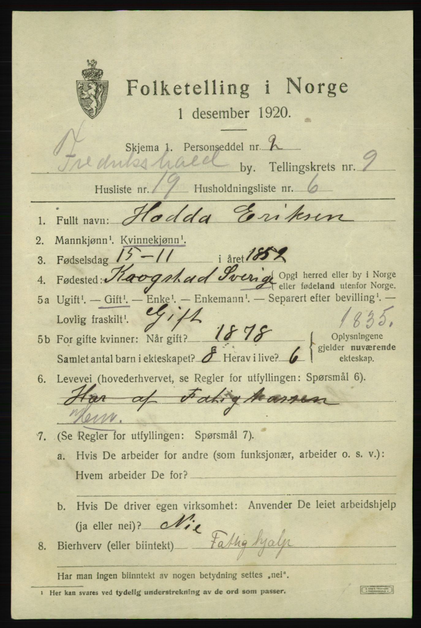 SAO, 1920 census for Fredrikshald, 1920, p. 16211