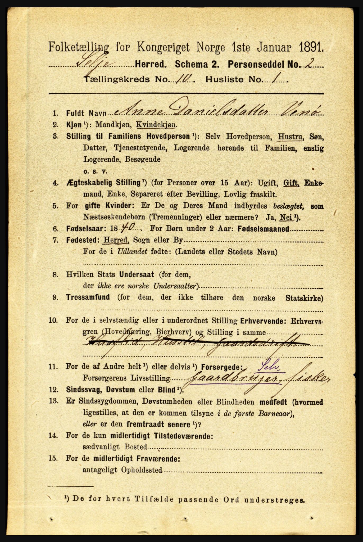 RA, 1891 census for 1441 Selje, 1891, p. 3095