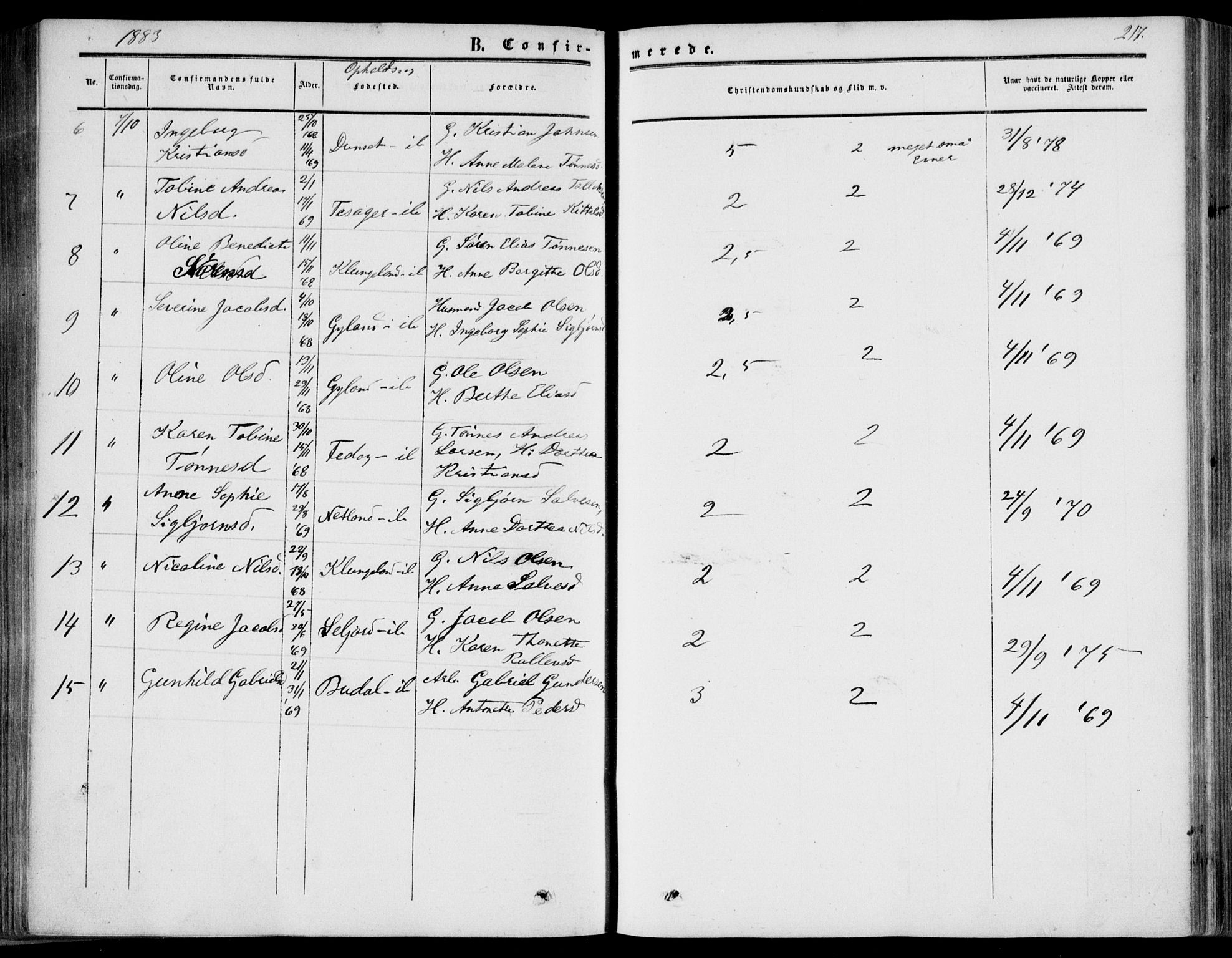 Bakke sokneprestkontor, AV/SAK-1111-0002/F/Fa/Fab/L0002: Parish register (official) no. A 2, 1855-1884, p. 217