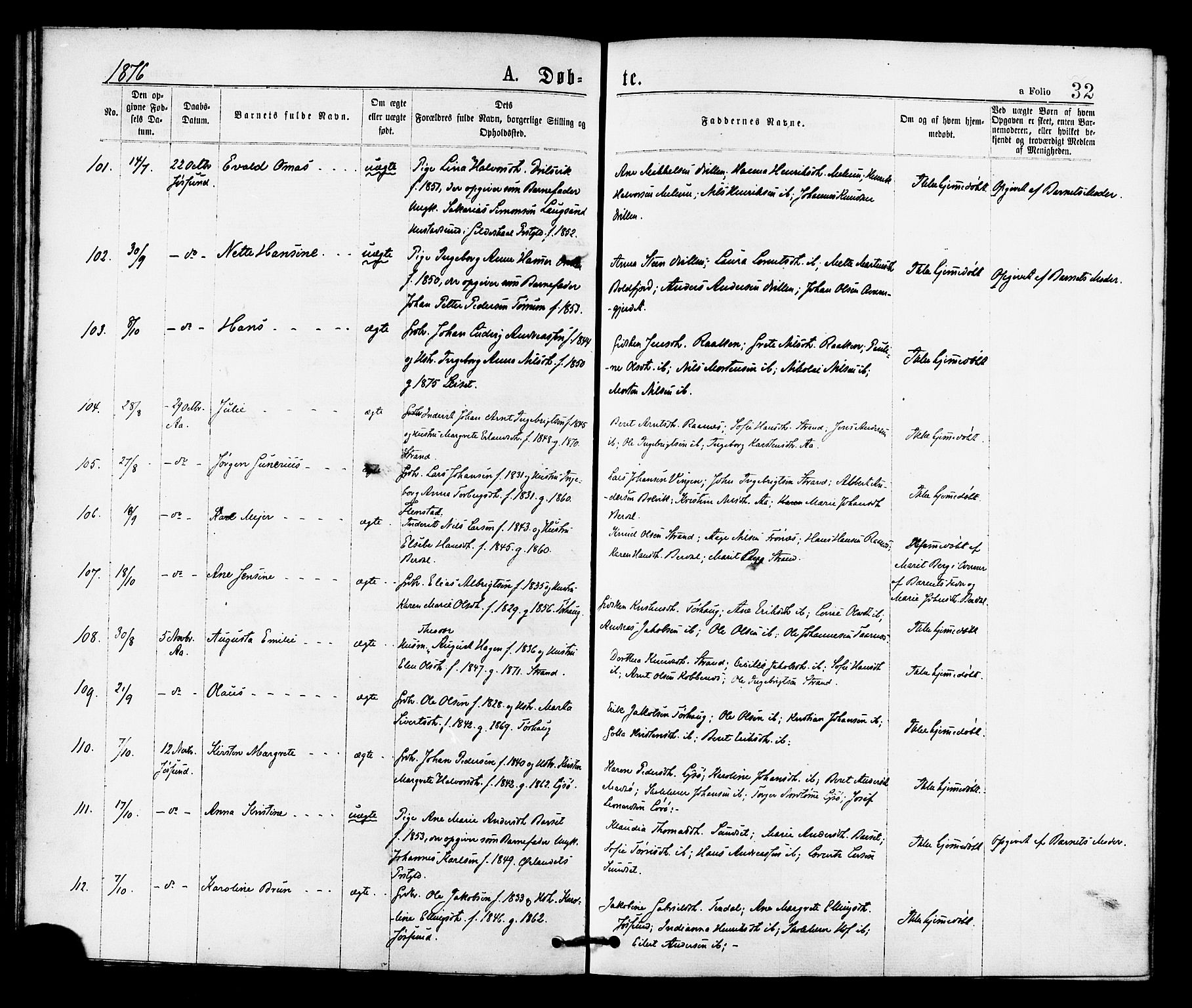 Ministerialprotokoller, klokkerbøker og fødselsregistre - Sør-Trøndelag, SAT/A-1456/655/L0679: Parish register (official) no. 655A08, 1873-1879, p. 32