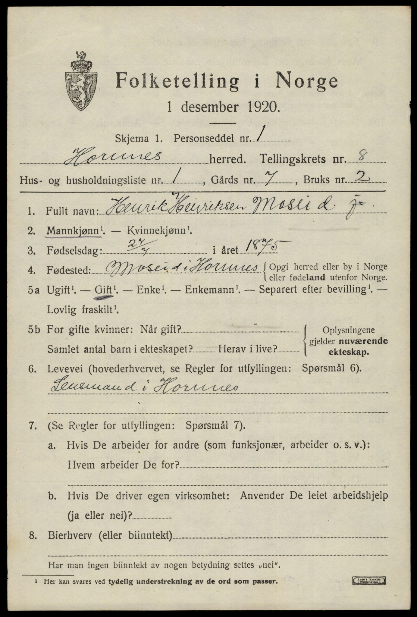 SAK, 1920 census for Hornnes, 1920, p. 1773