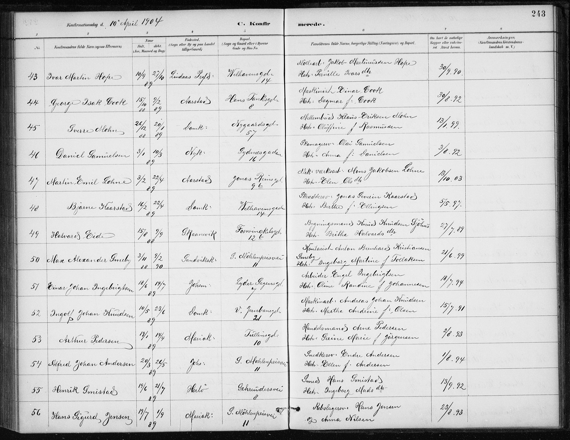 Johanneskirken sokneprestembete, AV/SAB-A-76001/H/Haa/L0008: Parish register (official) no. C 1, 1885-1907, p. 243