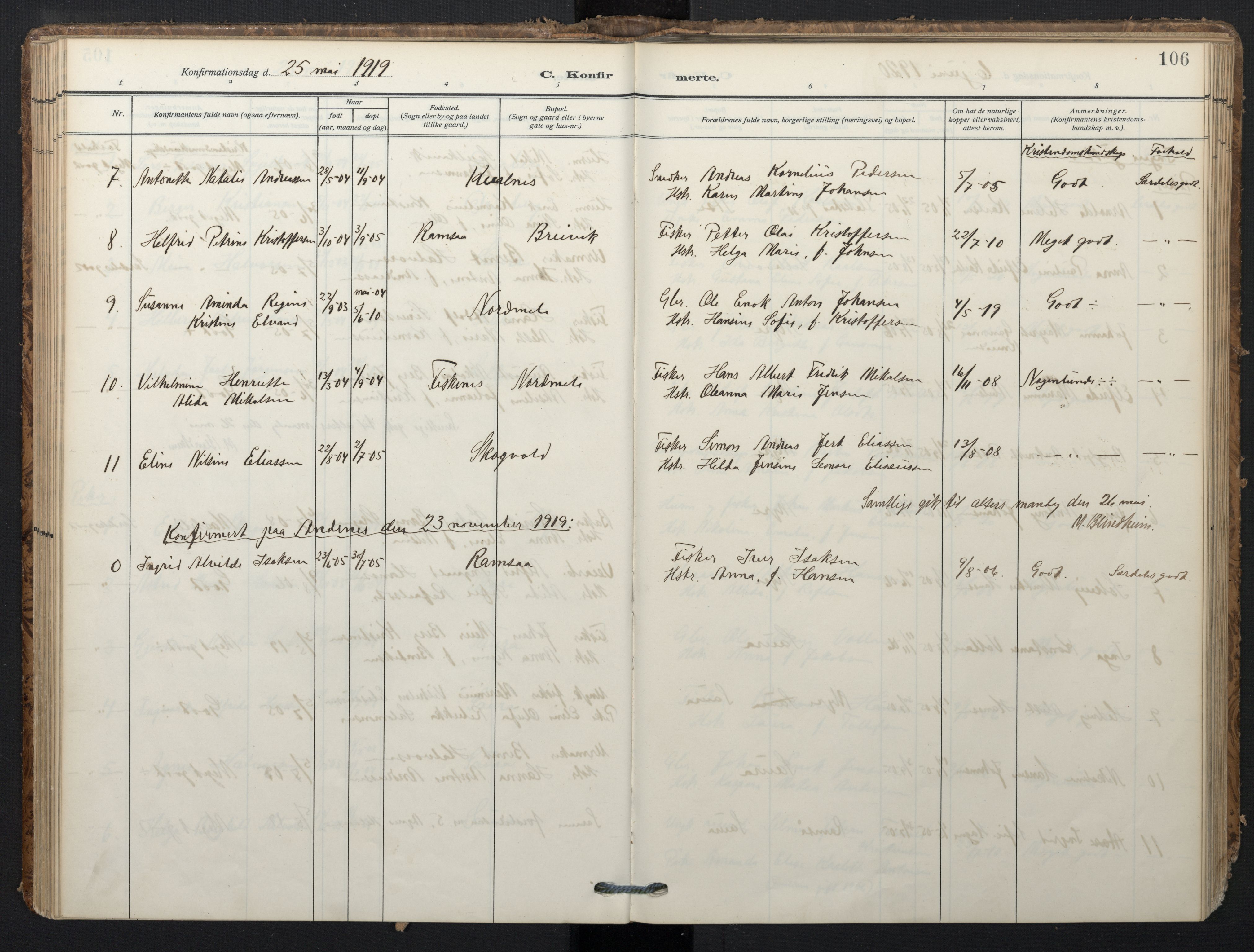 Ministerialprotokoller, klokkerbøker og fødselsregistre - Nordland, AV/SAT-A-1459/897/L1401: Parish register (official) no. 897A08, 1909-1921, p. 106