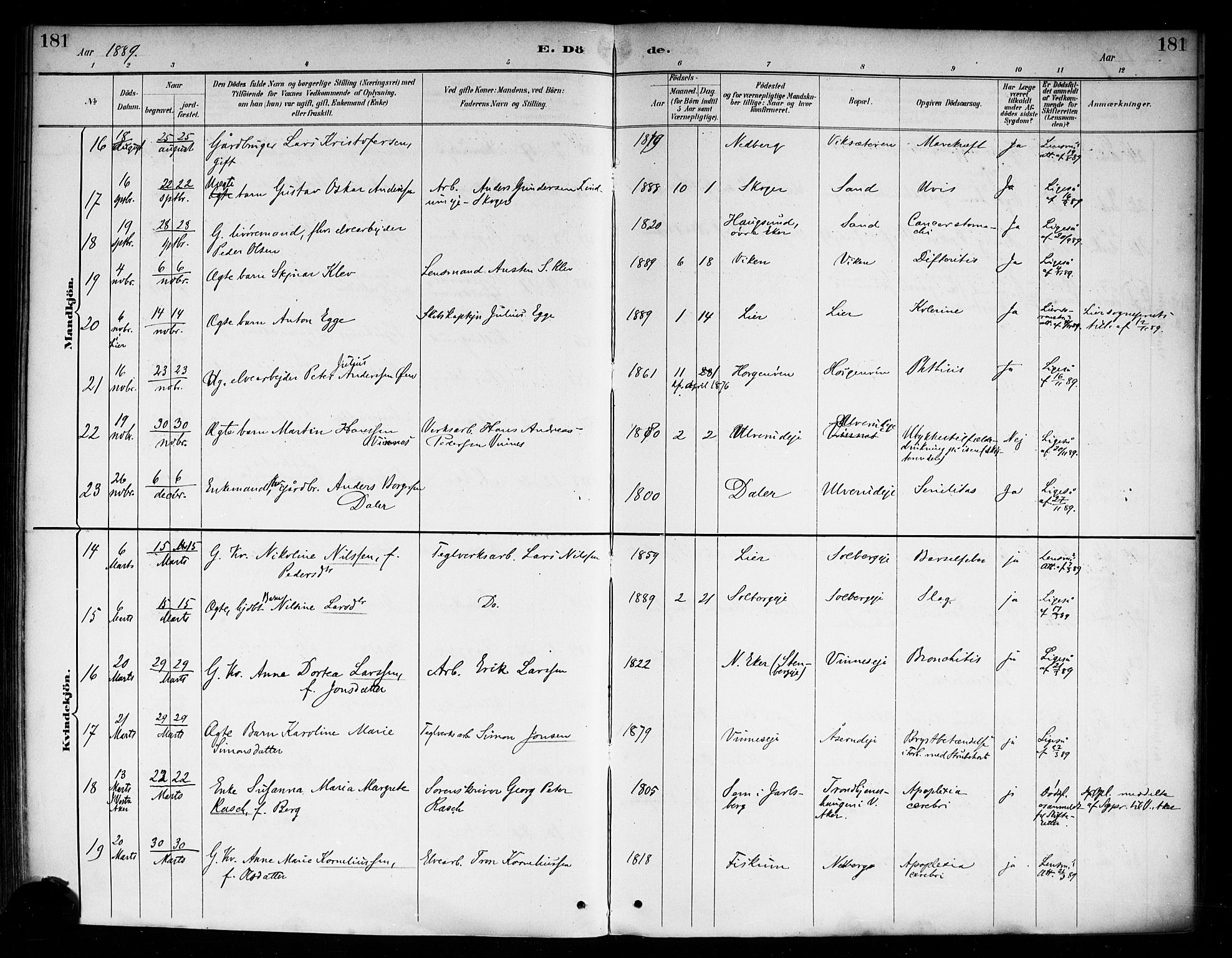 Nedre Eiker kirkebøker, AV/SAKO-A-612/F/Fa/L0003: Parish register (official) no. 3, 1885-1892, p. 181