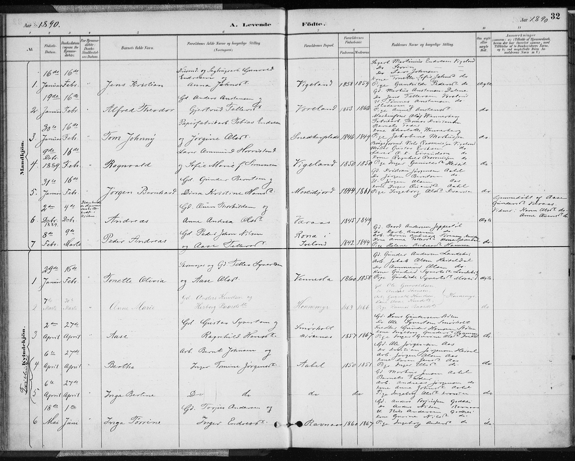 Vennesla sokneprestkontor, AV/SAK-1111-0045/Fa/Fab/L0004: Parish register (official) no. A 4, 1884-1896, p. 32