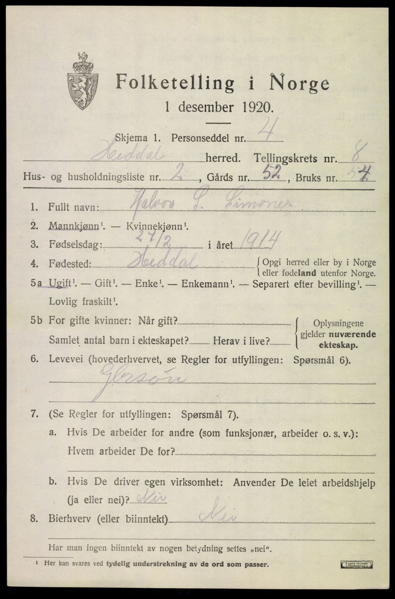 SAKO, 1920 census for Heddal, 1920, p. 6016