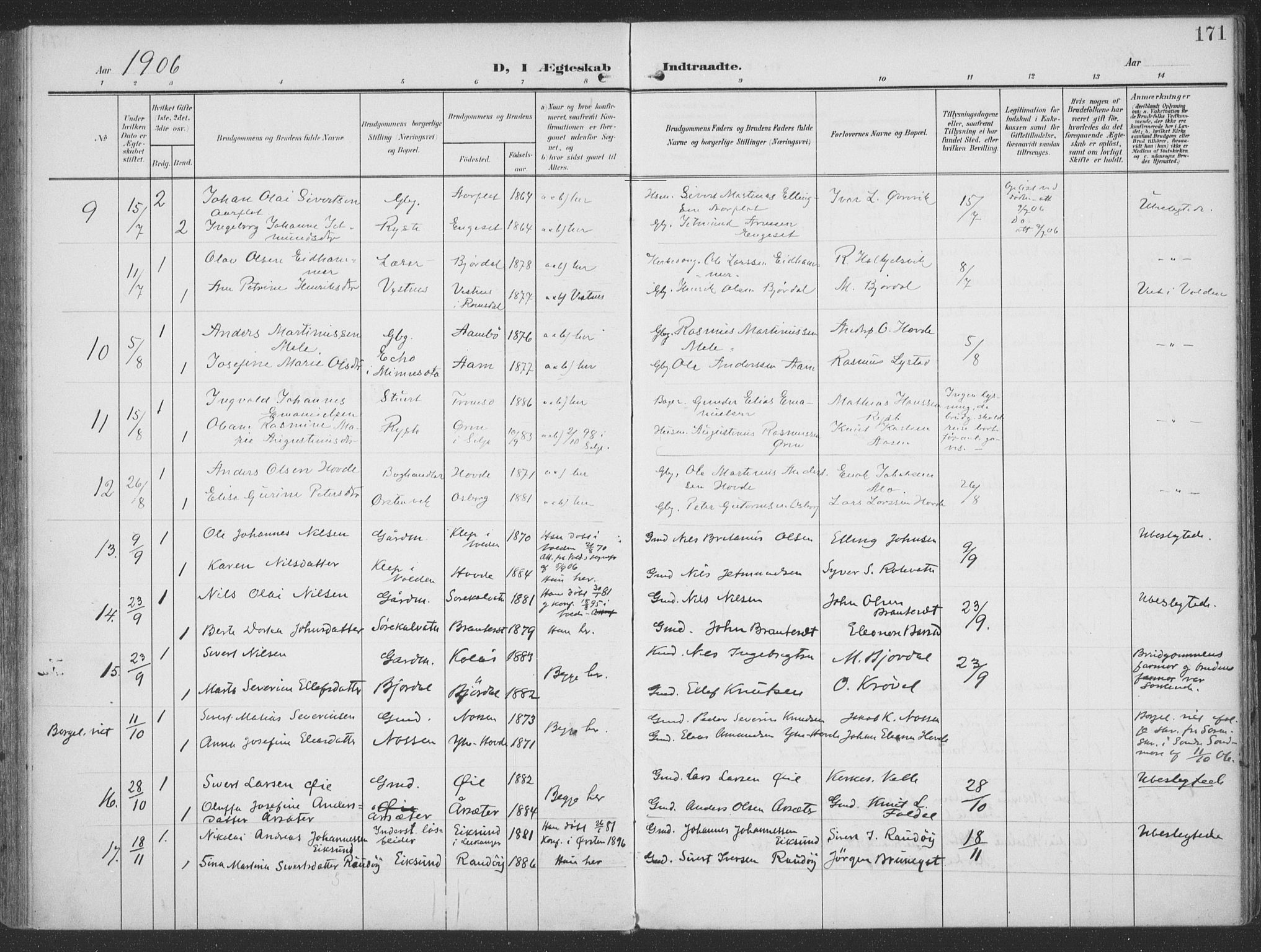 Ministerialprotokoller, klokkerbøker og fødselsregistre - Møre og Romsdal, AV/SAT-A-1454/513/L0178: Parish register (official) no. 513A05, 1906-1919, p. 171