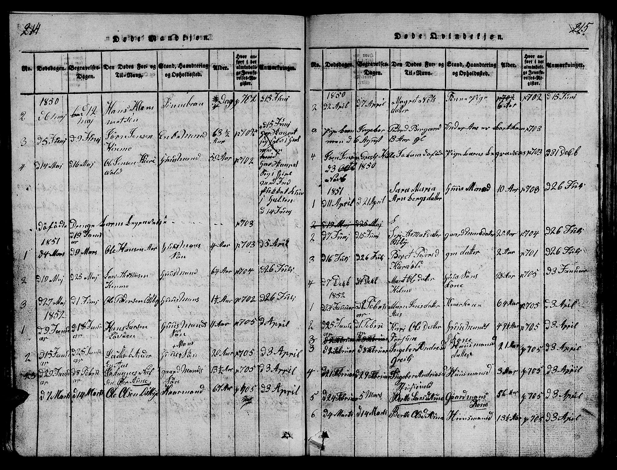 Ministerialprotokoller, klokkerbøker og fødselsregistre - Sør-Trøndelag, SAT/A-1456/698/L1164: Parish register (copy) no. 698C01, 1816-1861, p. 214-215