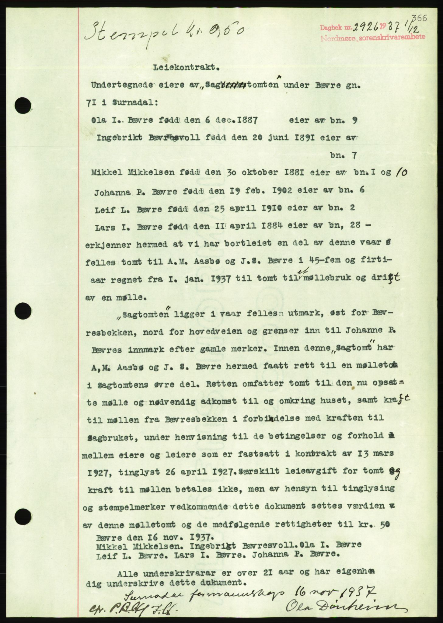 Nordmøre sorenskriveri, AV/SAT-A-4132/1/2/2Ca/L0092: Mortgage book no. B82, 1937-1938, Diary no: : 2926/1937