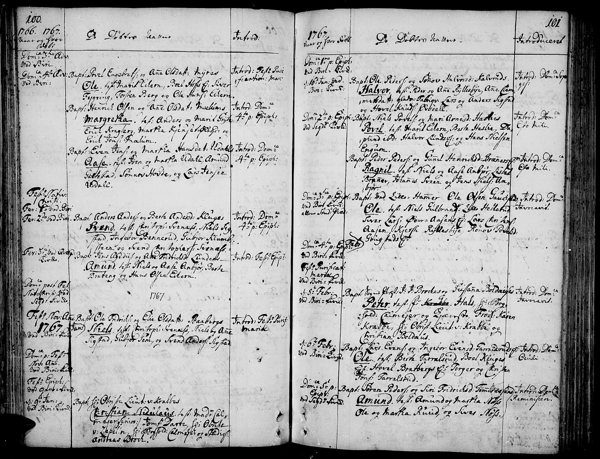 Biri prestekontor, AV/SAH-PREST-096/H/Ha/Haa/L0002: Parish register (official) no. 2, 1754-1789, p. 100-101