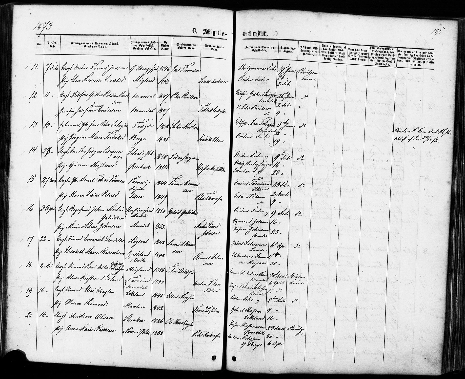 Mandal sokneprestkontor, AV/SAK-1111-0030/F/Fa/Faa/L0015: Parish register (official) no. A 15, 1873-1879, p. 195