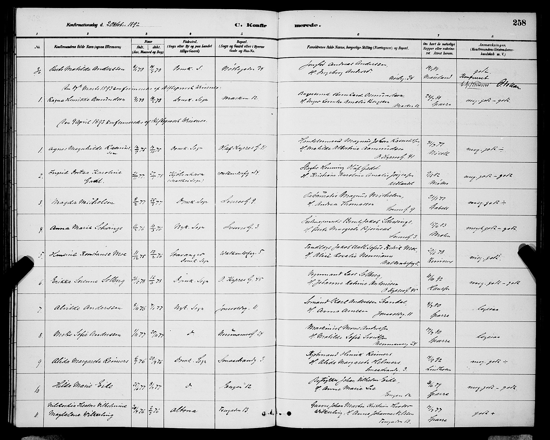 Domkirken sokneprestembete, SAB/A-74801/H/Hab/L0024: Parish register (copy) no. C 4, 1880-1899, p. 258