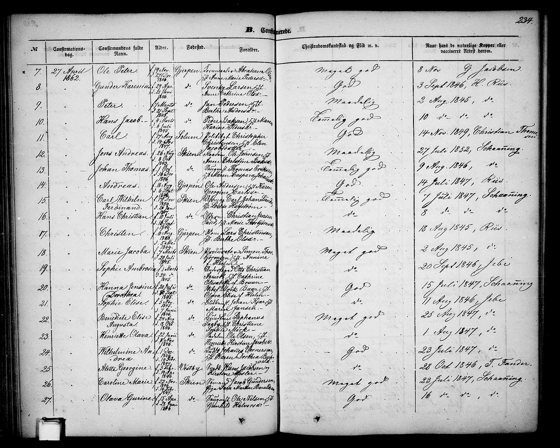 Skien kirkebøker, SAKO/A-302/G/Ga/L0004: Parish register (copy) no. 4, 1843-1867, p. 234