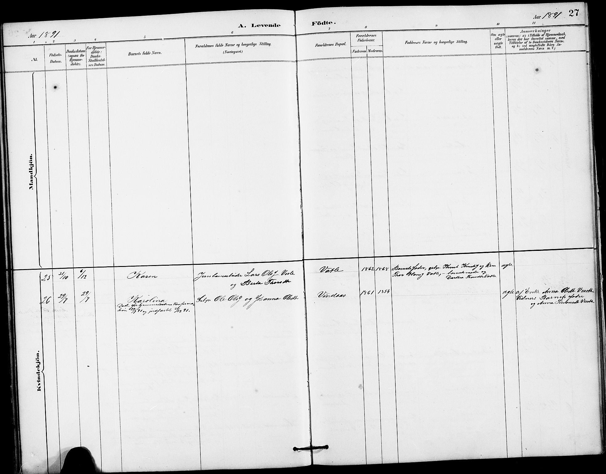 Haus sokneprestembete, AV/SAB-A-75601/H/Hab: Parish register (copy) no. B 3, 1885-1899, p. 27