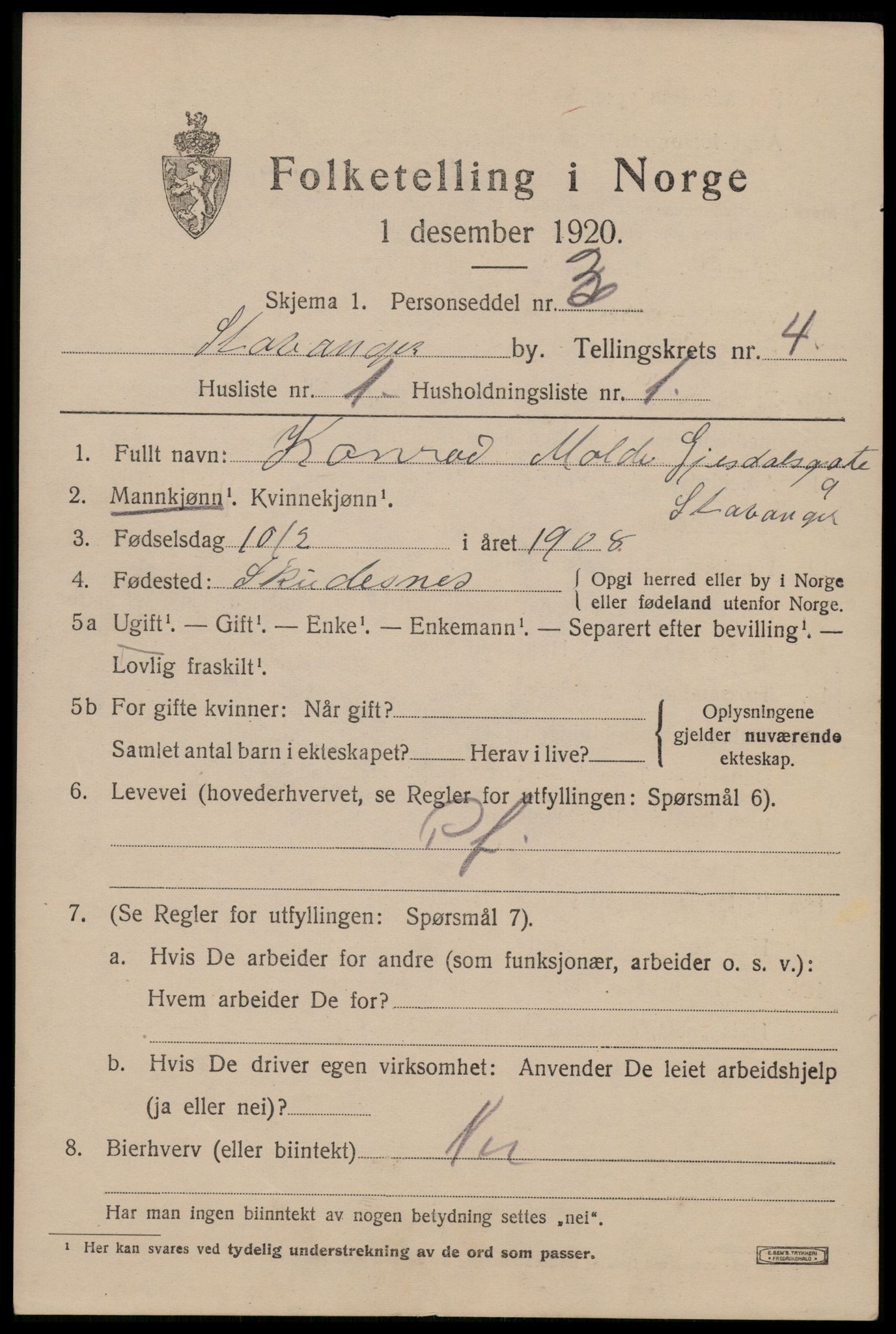 SAST, 1920 census for Stavanger, 1920, p. 37068