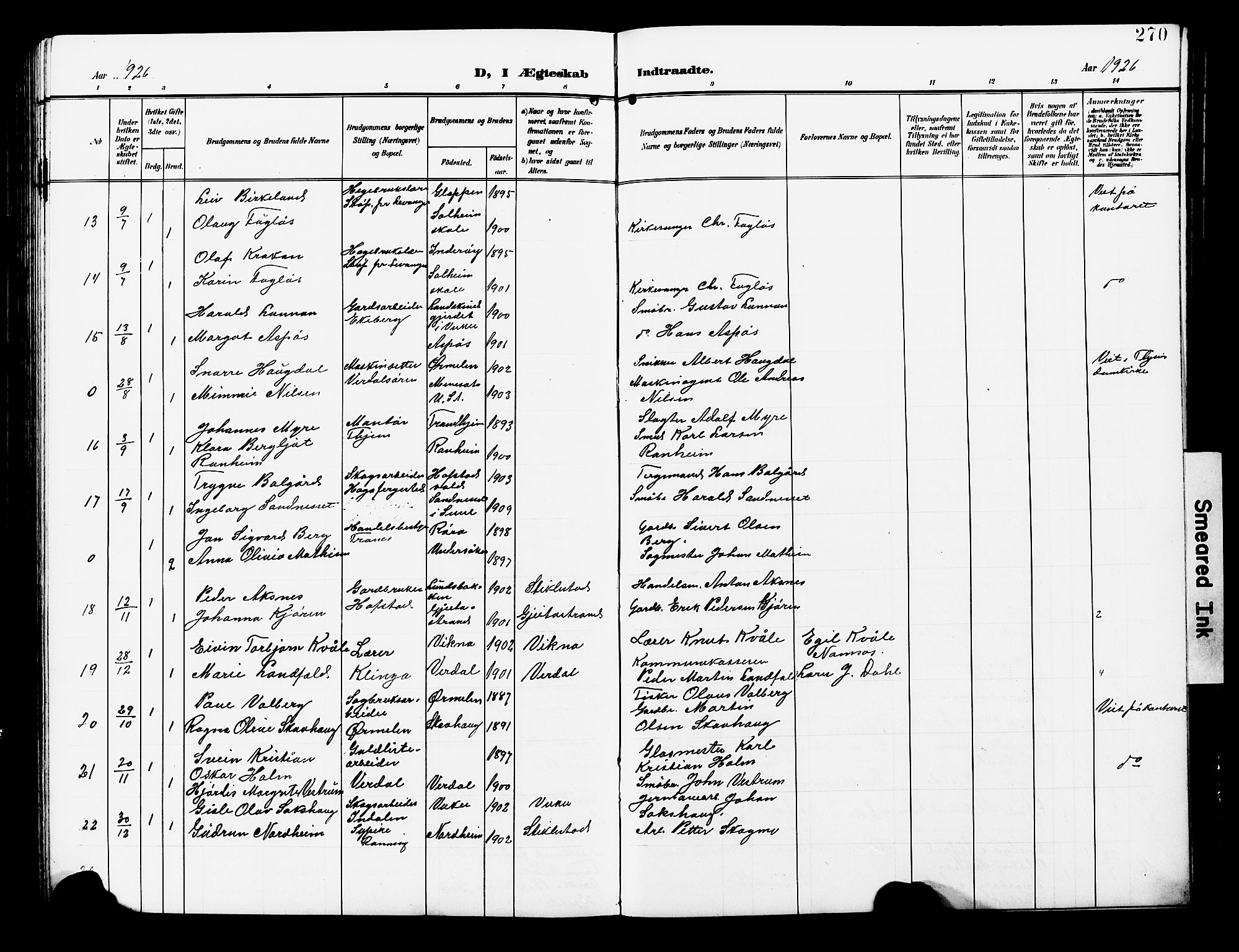 Ministerialprotokoller, klokkerbøker og fødselsregistre - Nord-Trøndelag, AV/SAT-A-1458/723/L0258: Parish register (copy) no. 723C06, 1908-1927, p. 270