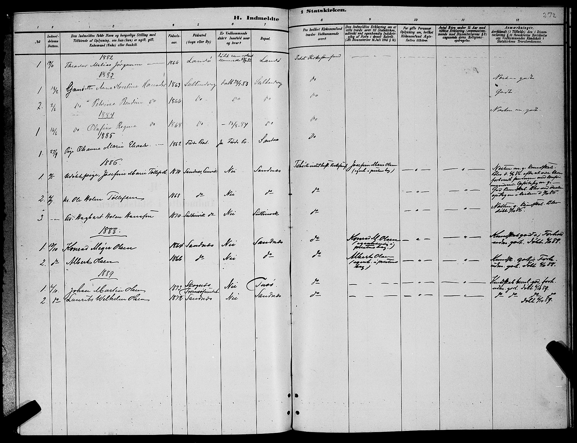 Lenvik sokneprestembete, AV/SATØ-S-1310/H/Ha/Hab/L0006klokker: Parish register (copy) no. 6, 1881-1889, p. 272
