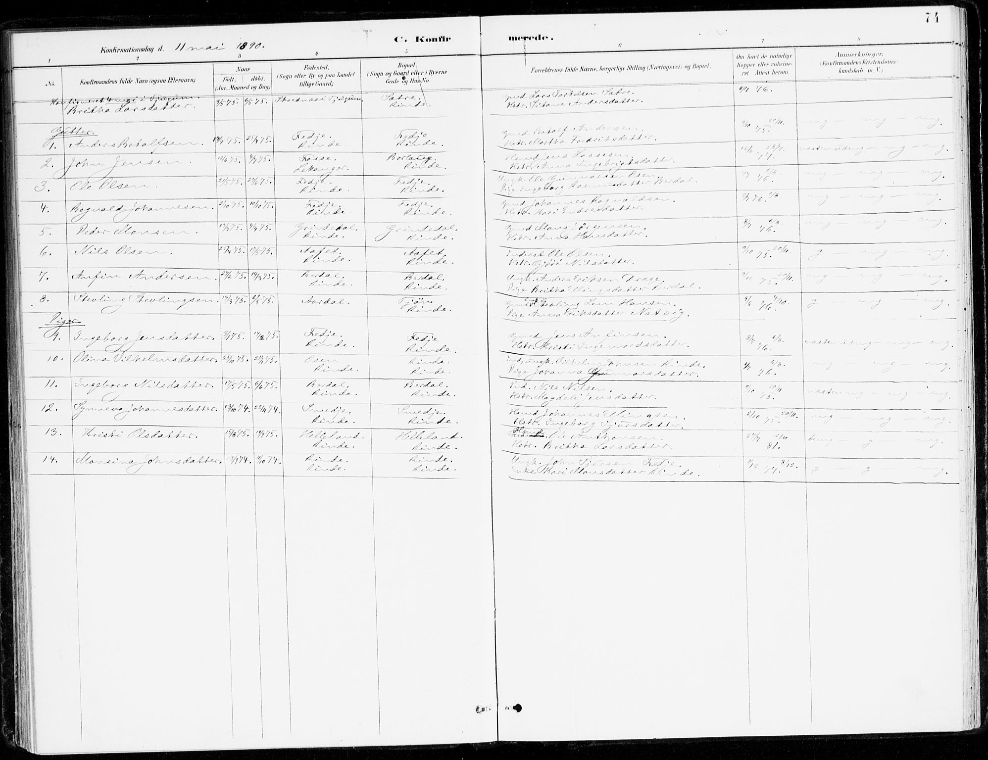 Leikanger sokneprestembete, SAB/A-81001: Parish register (official) no. D 1, 1887-1922, p. 74