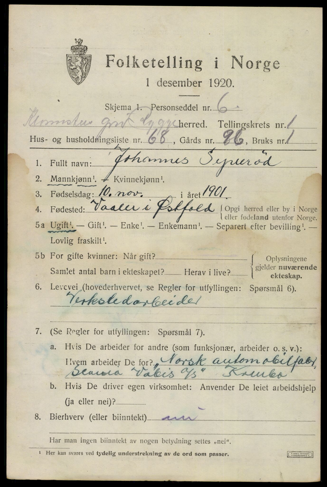 SAO, 1920 census for Rygge, 1920, p. 2953