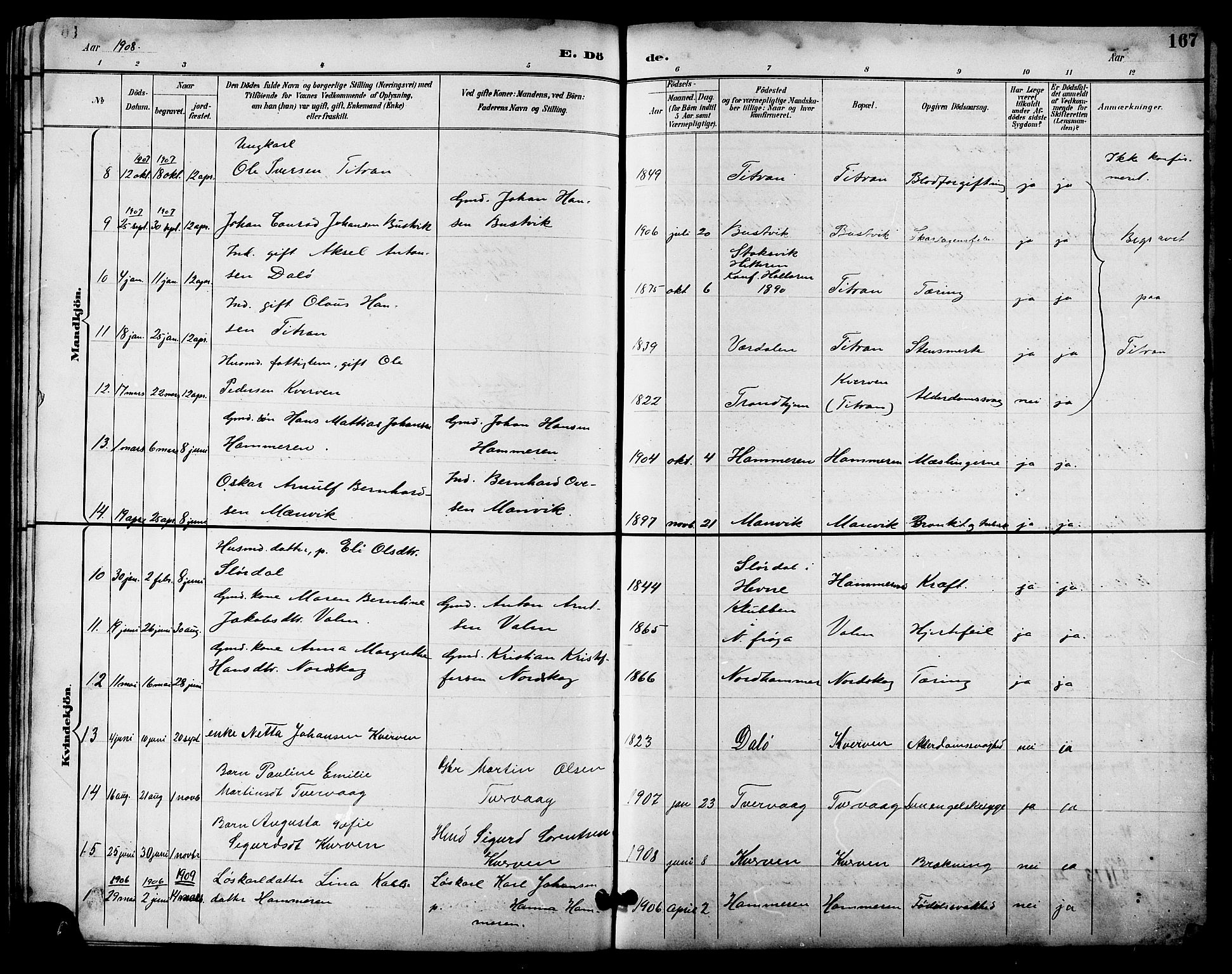 Ministerialprotokoller, klokkerbøker og fødselsregistre - Sør-Trøndelag, AV/SAT-A-1456/641/L0598: Parish register (copy) no. 641C02, 1893-1910, p. 167