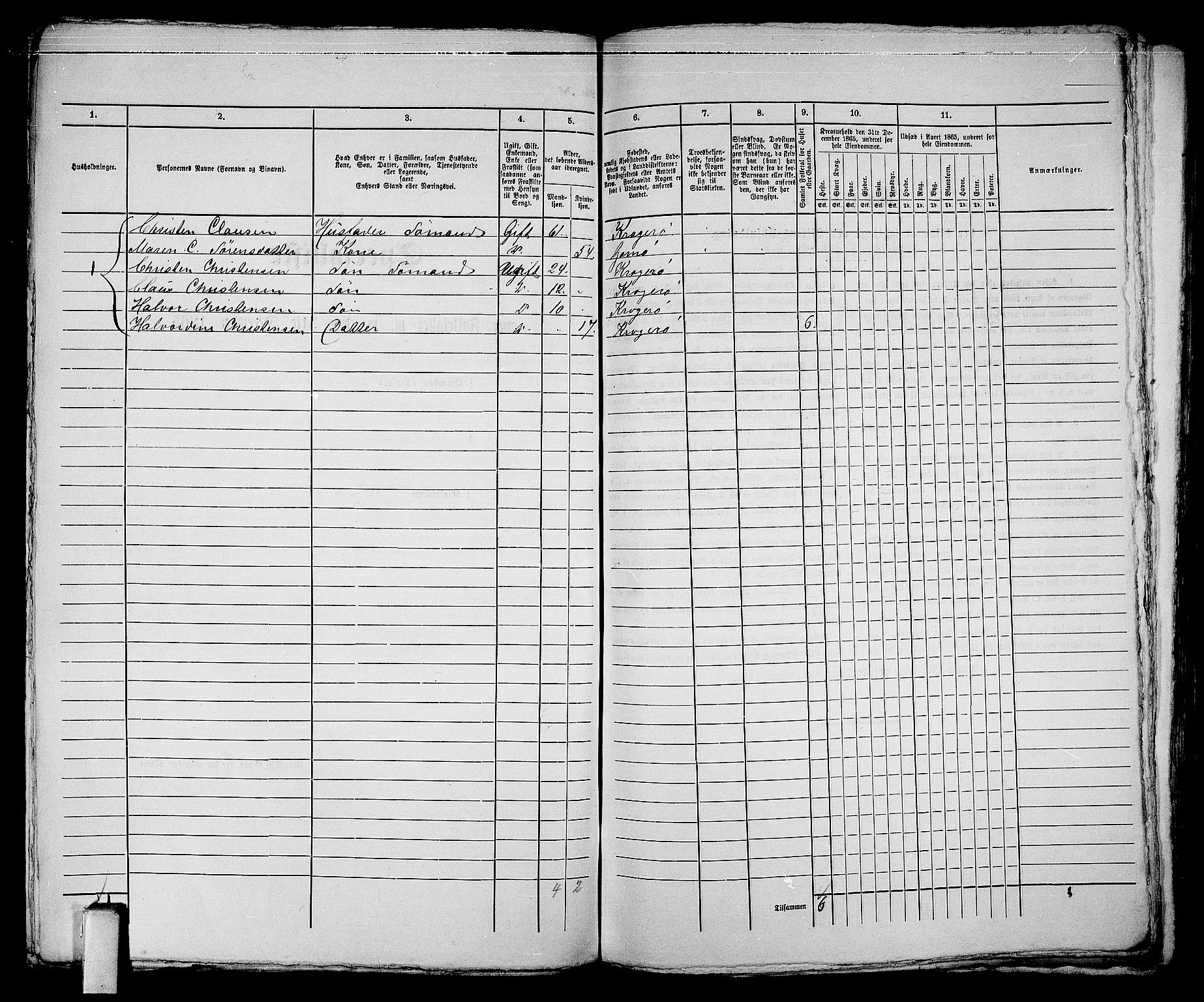 RA, 1865 census for Kragerø/Kragerø, 1865, p. 449