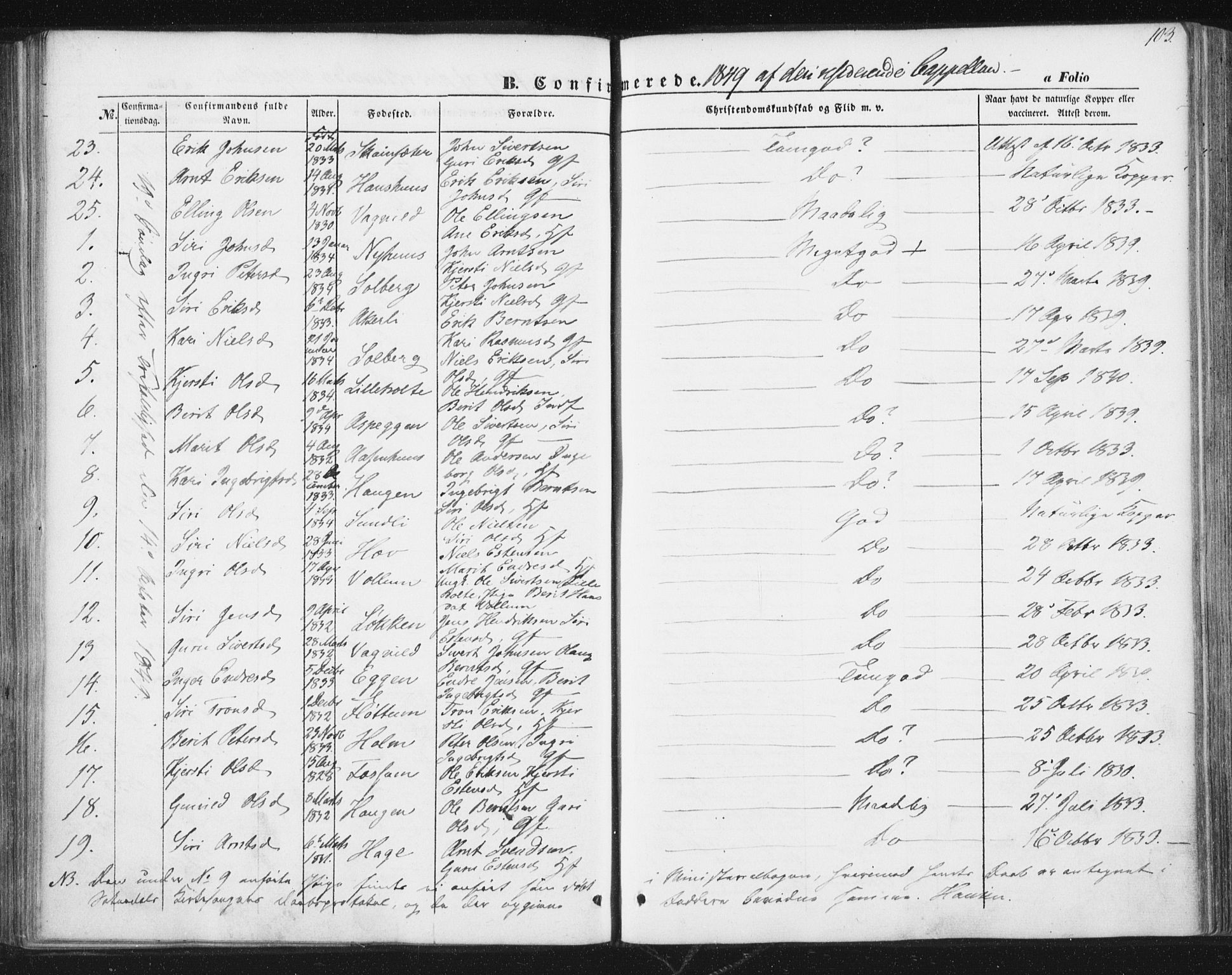 Ministerialprotokoller, klokkerbøker og fødselsregistre - Sør-Trøndelag, SAT/A-1456/689/L1038: Parish register (official) no. 689A03, 1848-1872, p. 103