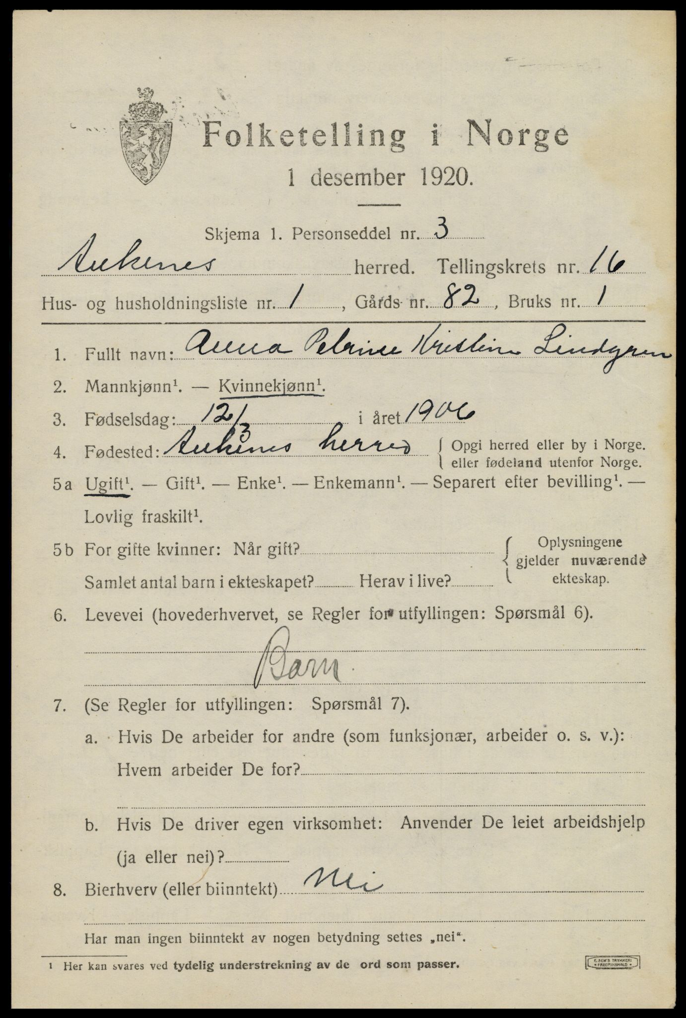 SAT, 1920 census for Ankenes, 1920, p. 7399