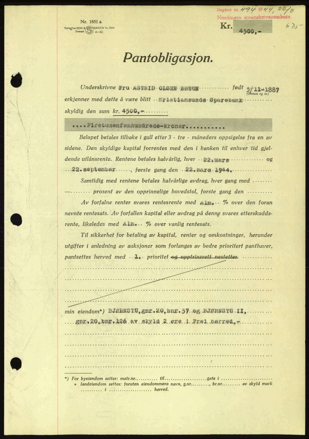 Nordmøre sorenskriveri, AV/SAT-A-4132/1/2/2Ca: Mortgage book no. B91, 1943-1944, Diary no: : 494/1944