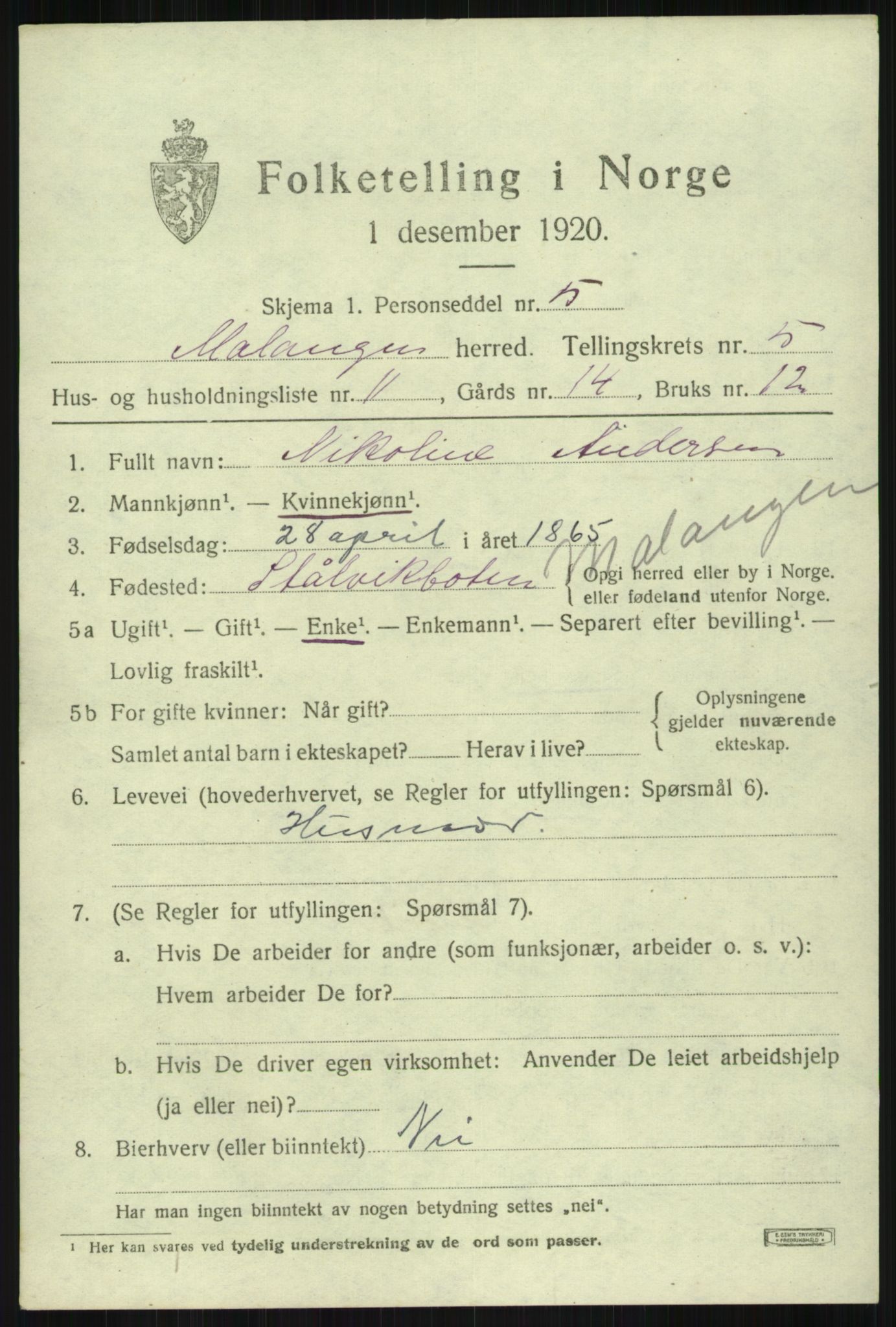 SATØ, 1920 census for Malangen, 1920, p. 2038