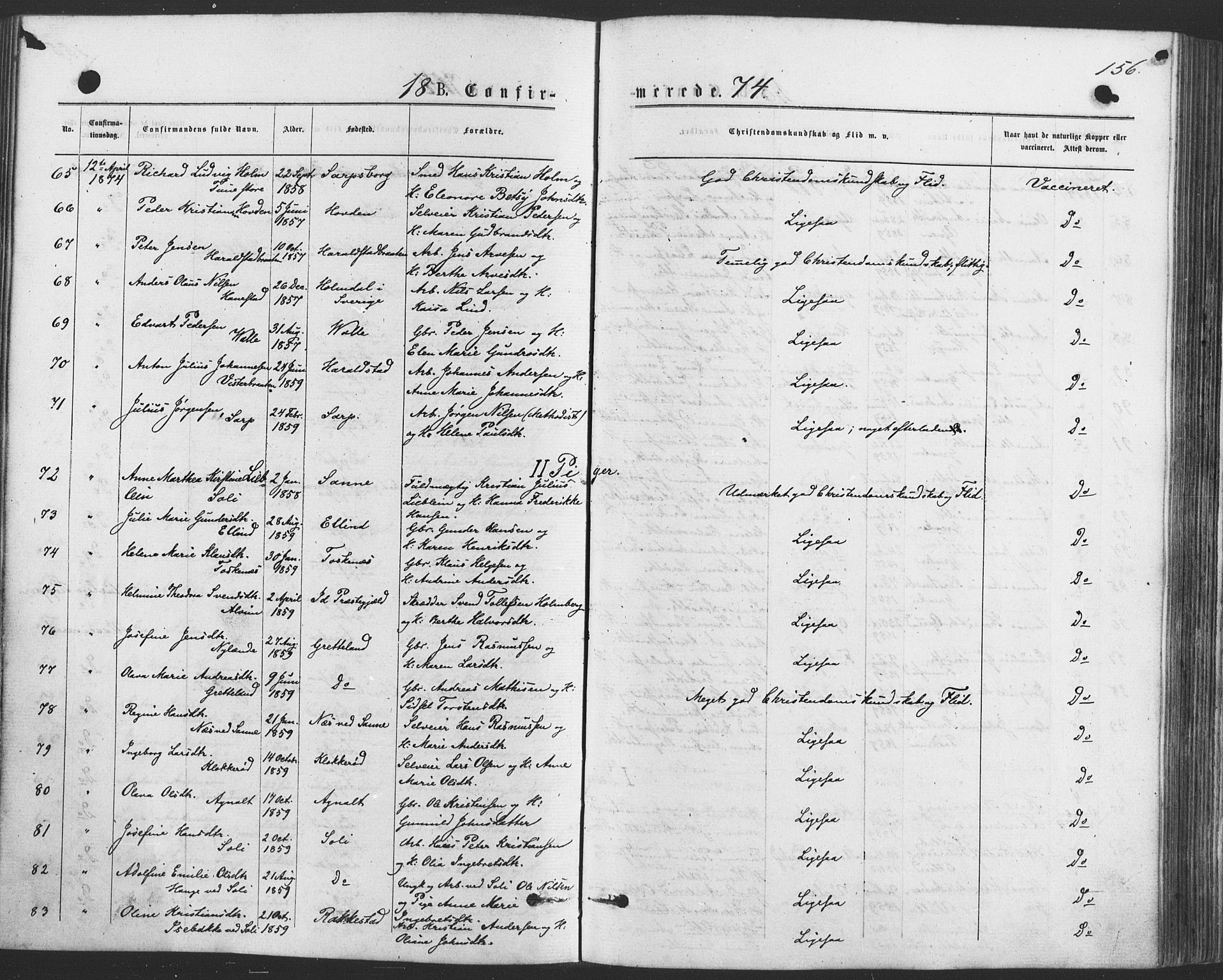 Tune prestekontor Kirkebøker, AV/SAO-A-2007/F/Fa/L0016: Parish register (official) no. 16, 1874-1877, p. 156