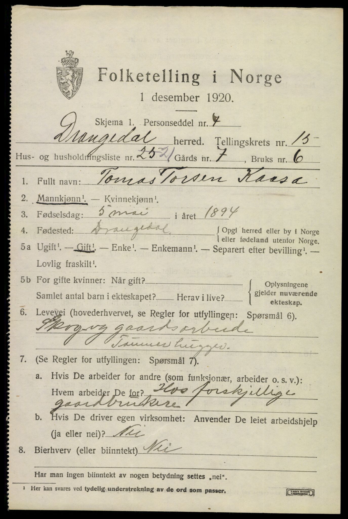 SAKO, 1920 census for Drangedal, 1920, p. 7793