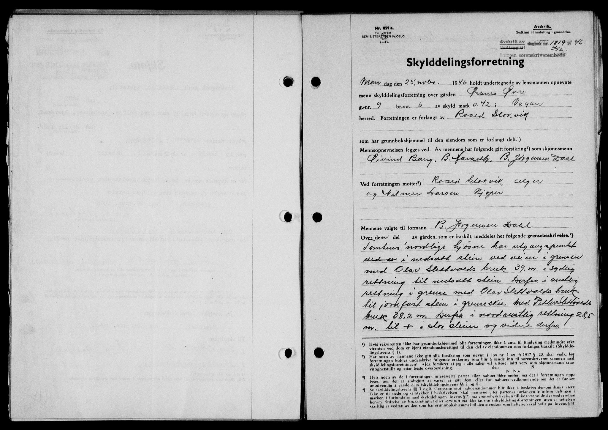 Lofoten sorenskriveri, SAT/A-0017/1/2/2C/L0015a: Mortgage book no. 15a, 1946-1947, Diary no: : 1819/1946