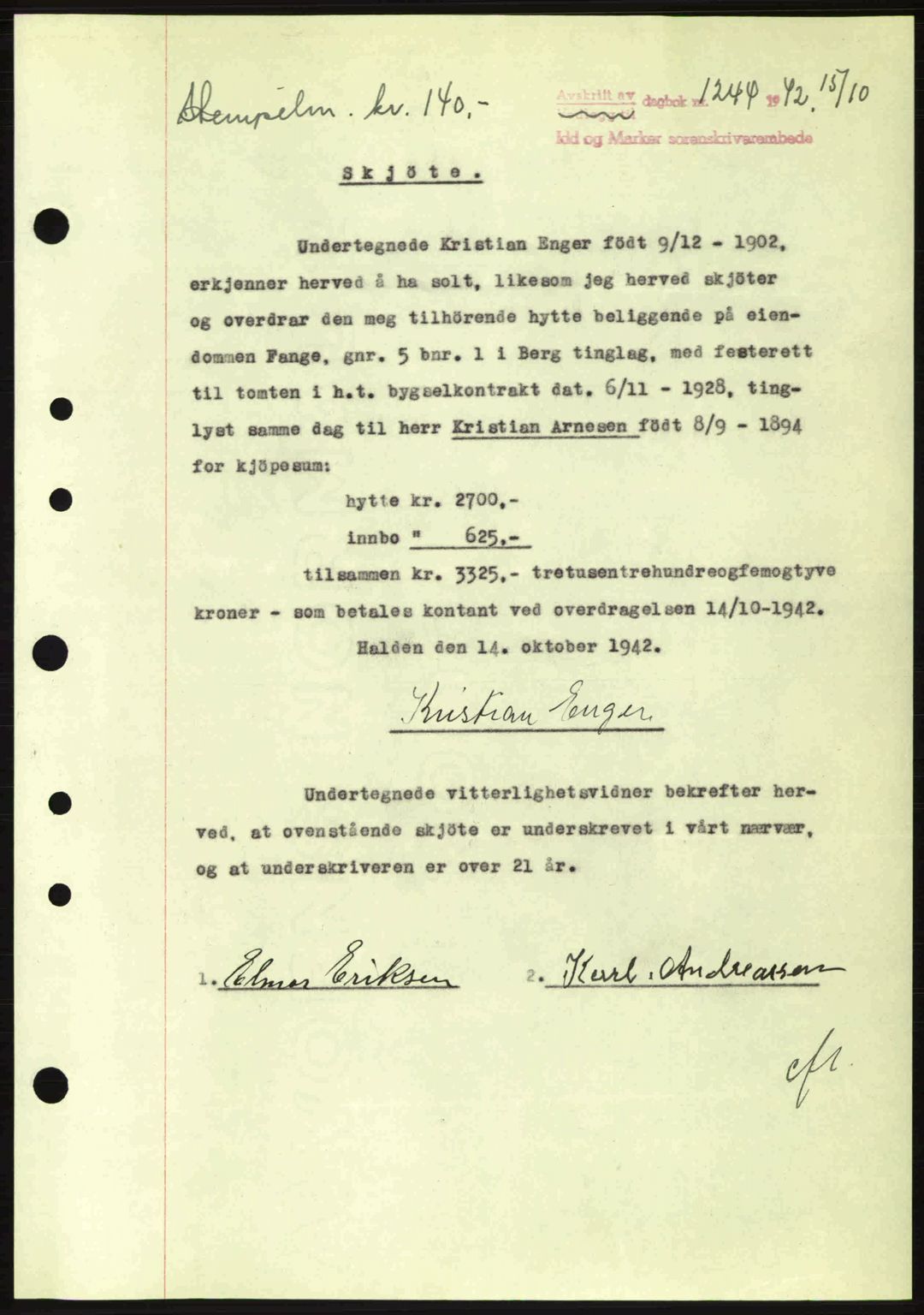 Idd og Marker sorenskriveri, AV/SAO-A-10283/G/Gb/Gbb/L0005: Mortgage book no. A5, 1941-1943, Diary no: : 1244/1942