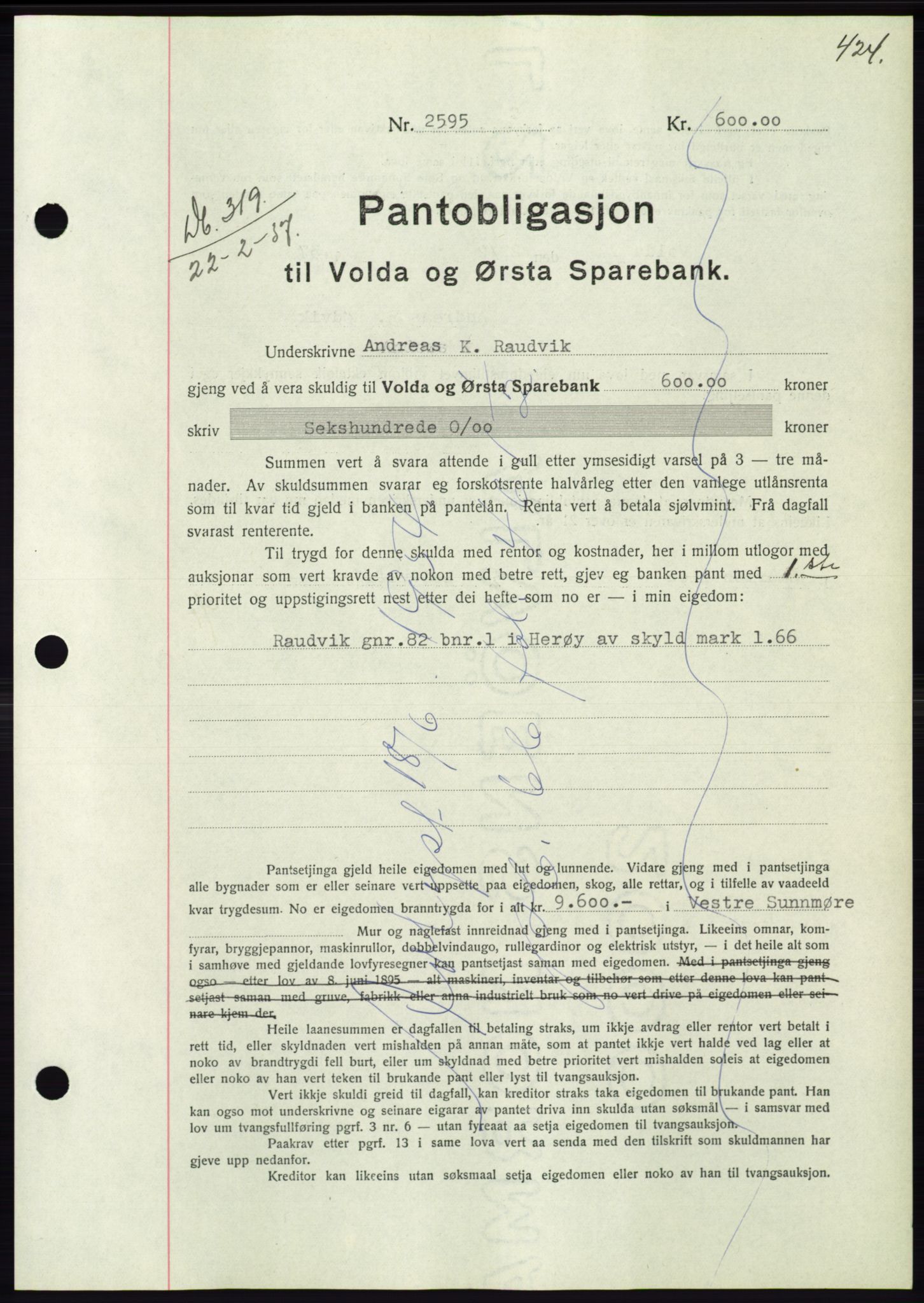 Søre Sunnmøre sorenskriveri, AV/SAT-A-4122/1/2/2C/L0062: Mortgage book no. 56, 1936-1937, Diary no: : 319/1937