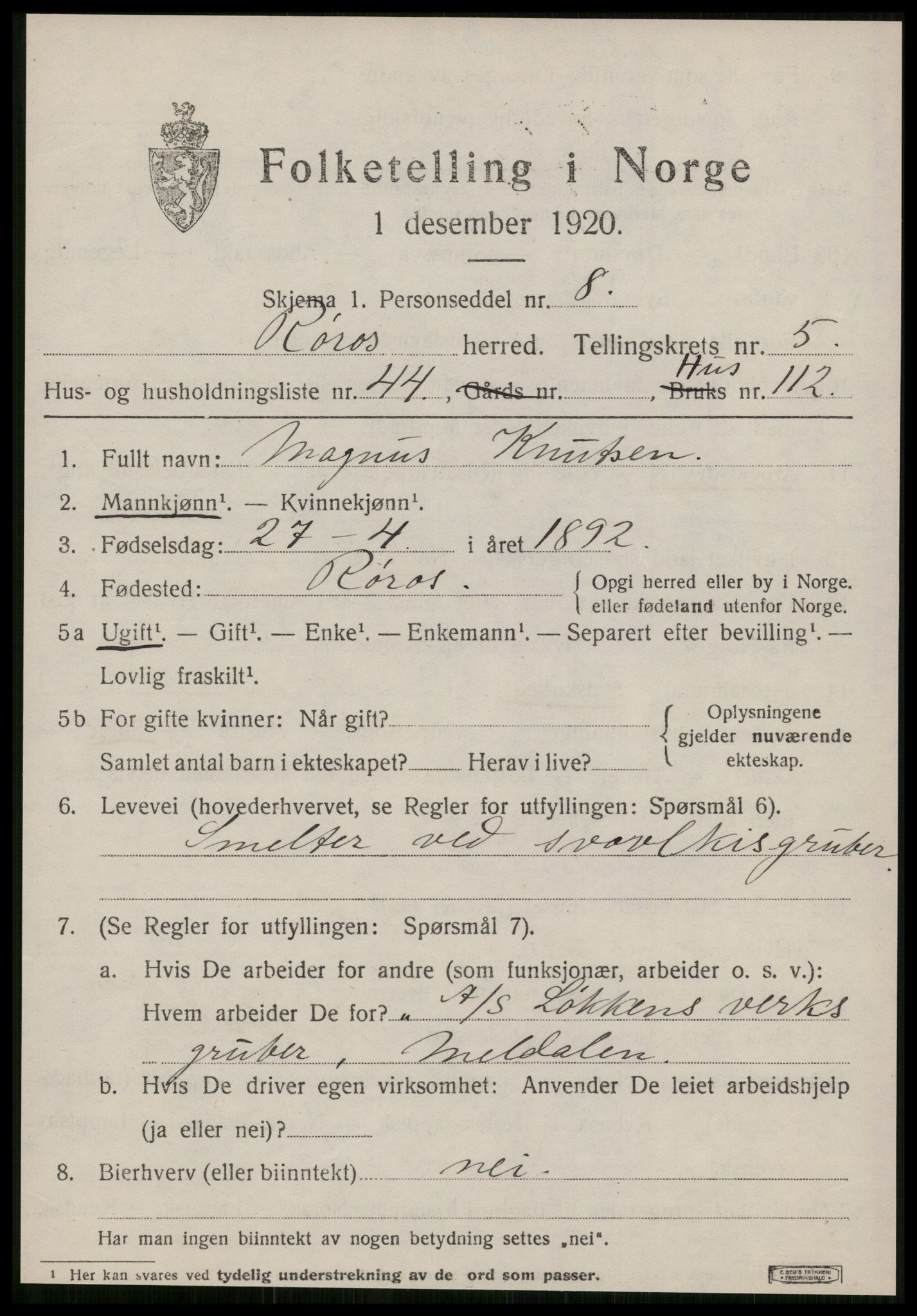 SAT, 1920 census for Røros, 1920, p. 5940