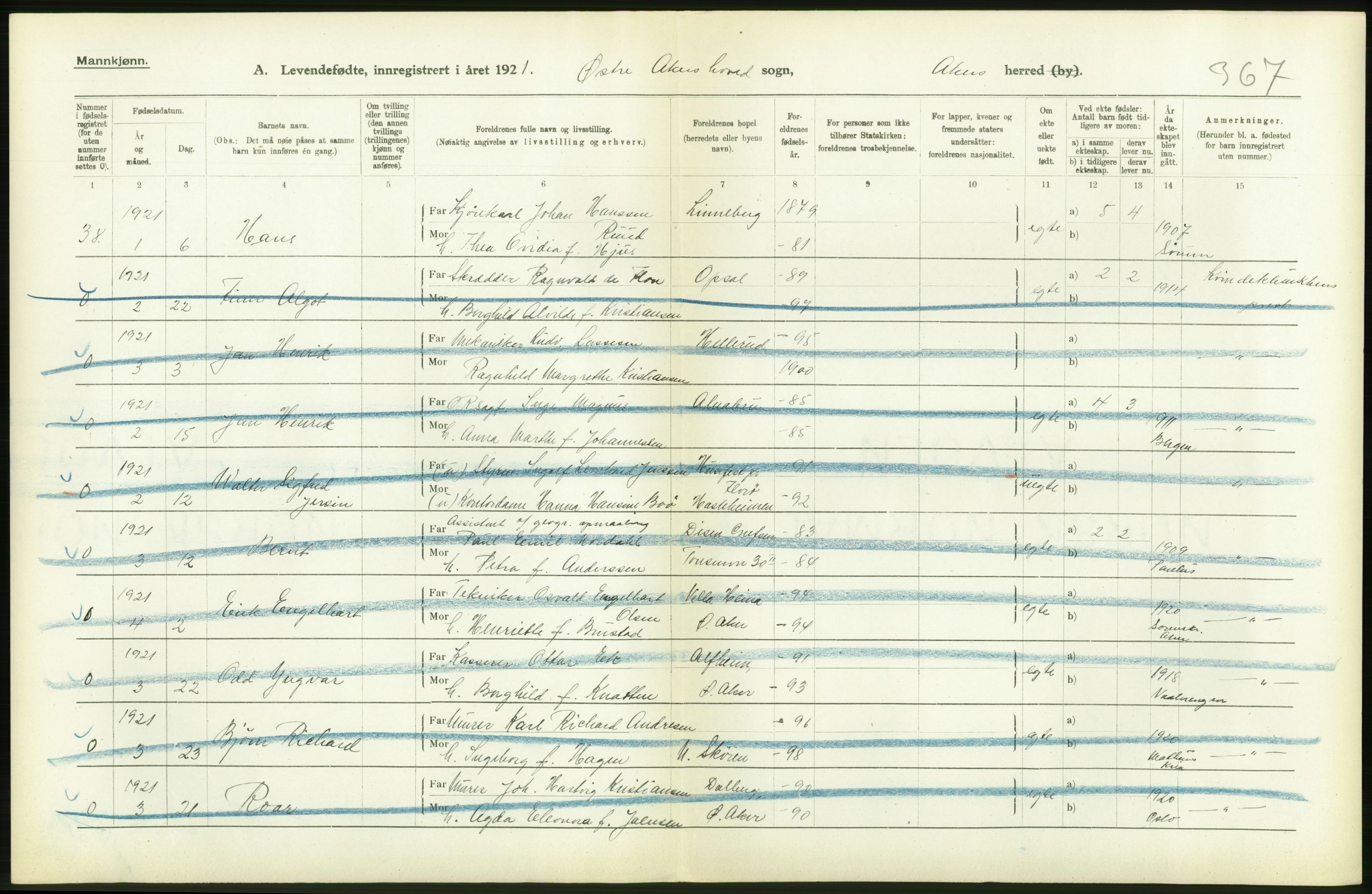 Statistisk sentralbyrå, Sosiodemografiske emner, Befolkning, AV/RA-S-2228/D/Df/Dfc/Dfca/L0004: Akershus fylke: Levendefødte menn og kvinner. Bygder., 1921, p. 102