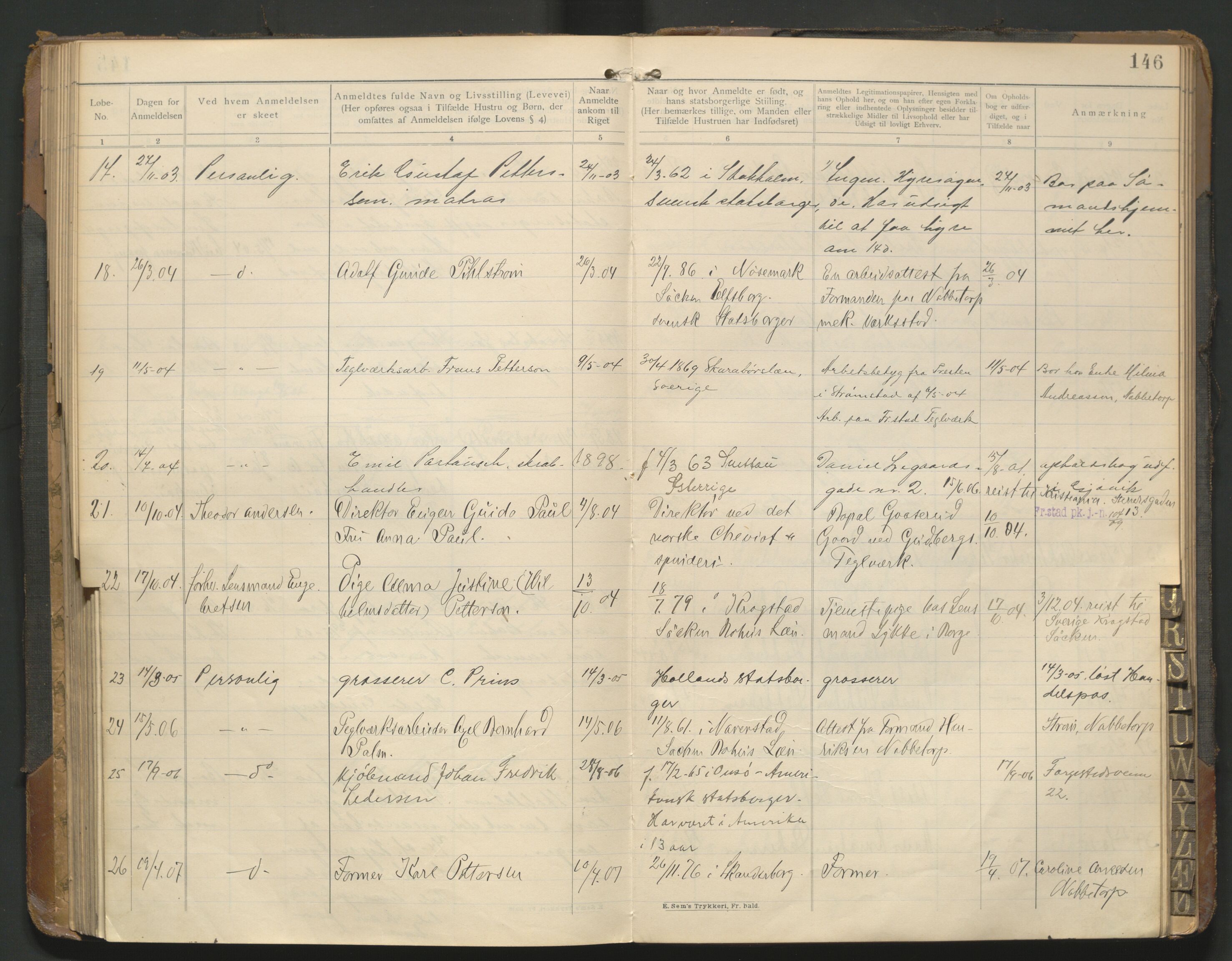 Fredrikstad politikammer, AV/SAO-A-10055/H/Hb/Hba/L0001: Protokoll over fremmede statsborgere, 1901-1916, p. 145b-146a