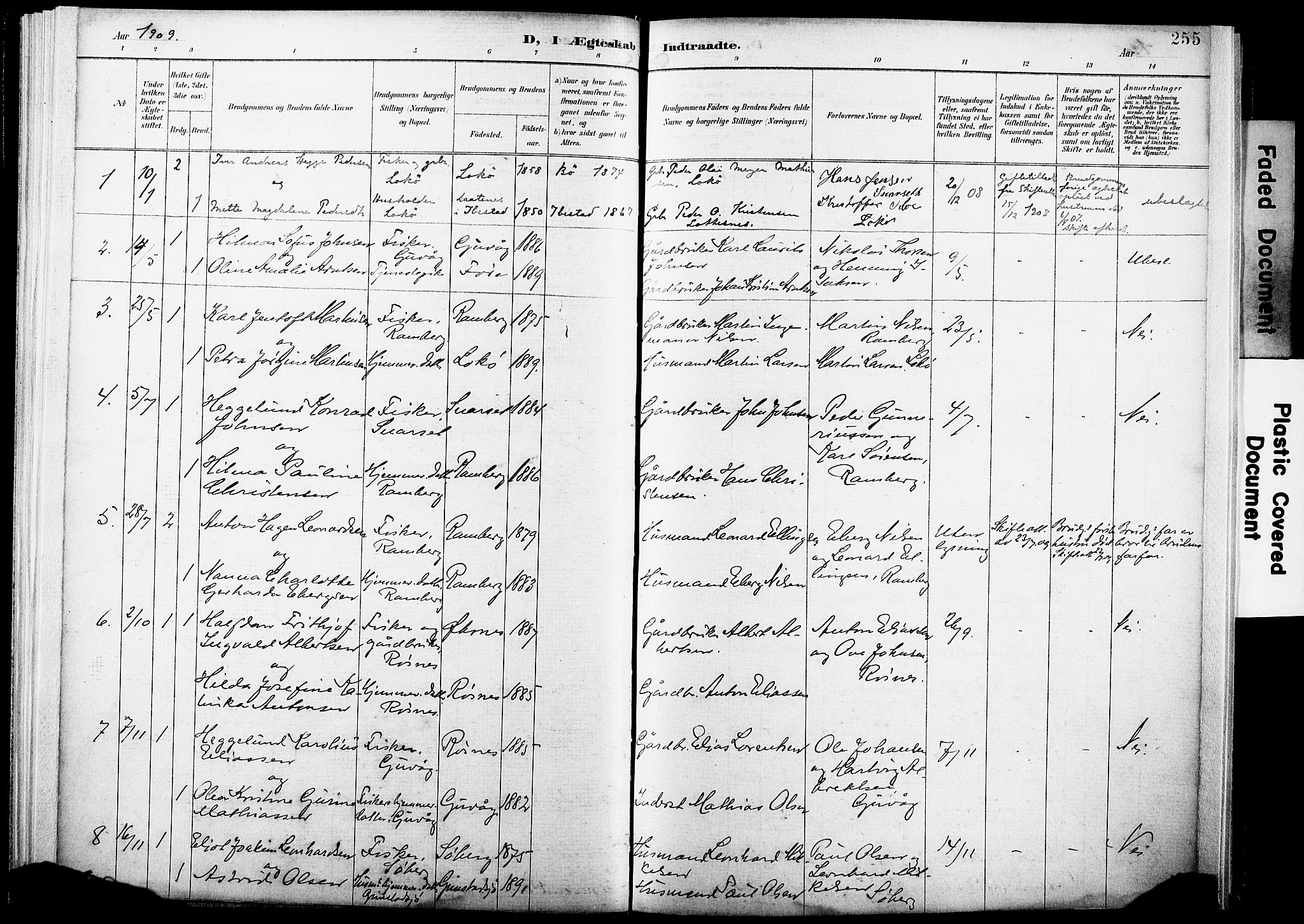 Ministerialprotokoller, klokkerbøker og fødselsregistre - Nordland, AV/SAT-A-1459/891/L1305: Parish register (official) no. 891A10, 1895-1921, p. 255
