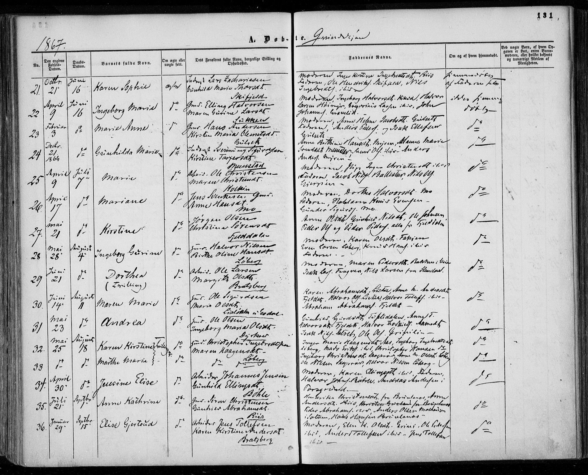 Gjerpen kirkebøker, SAKO/A-265/F/Fa/L0008a: Parish register (official) no. I 8A, 1857-1871, p. 131