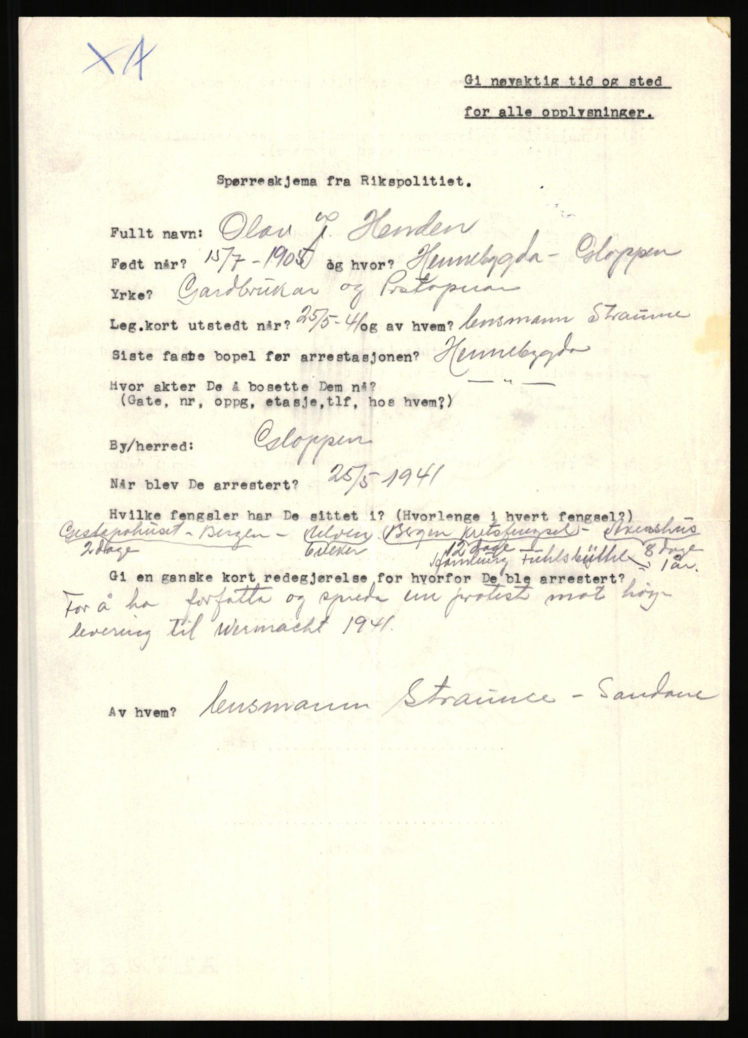 Rikspolitisjefen, AV/RA-S-1560/L/L0007: Heen, Erik C. - Iversen, Trygve, 1940-1945, p. 11