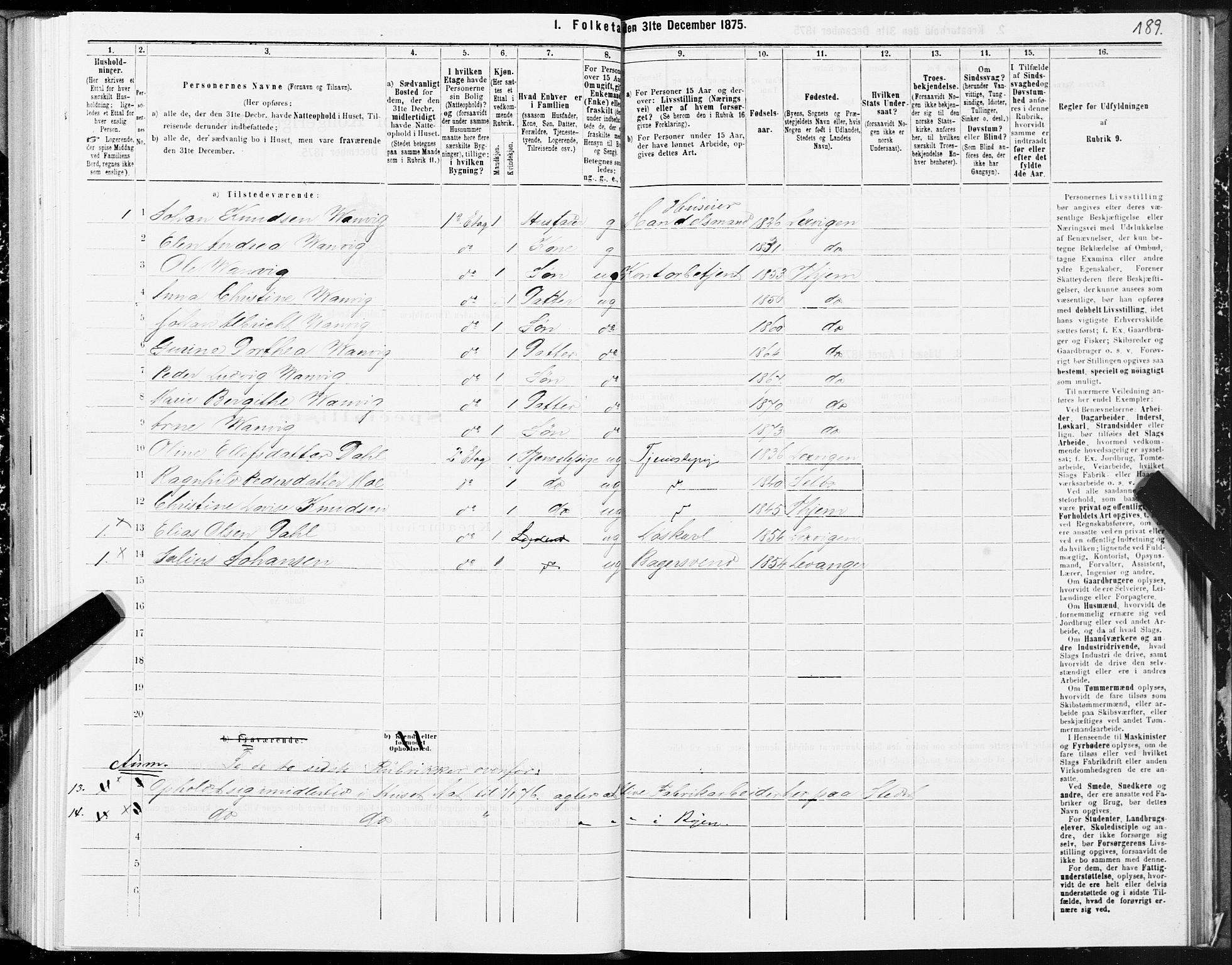 SAT, 1875 census for 1601 Trondheim, 1875, p. 1189