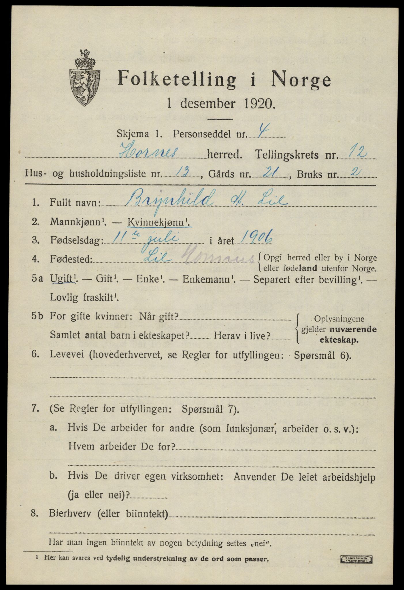 SAK, 1920 census for Hornnes, 1920, p. 3033