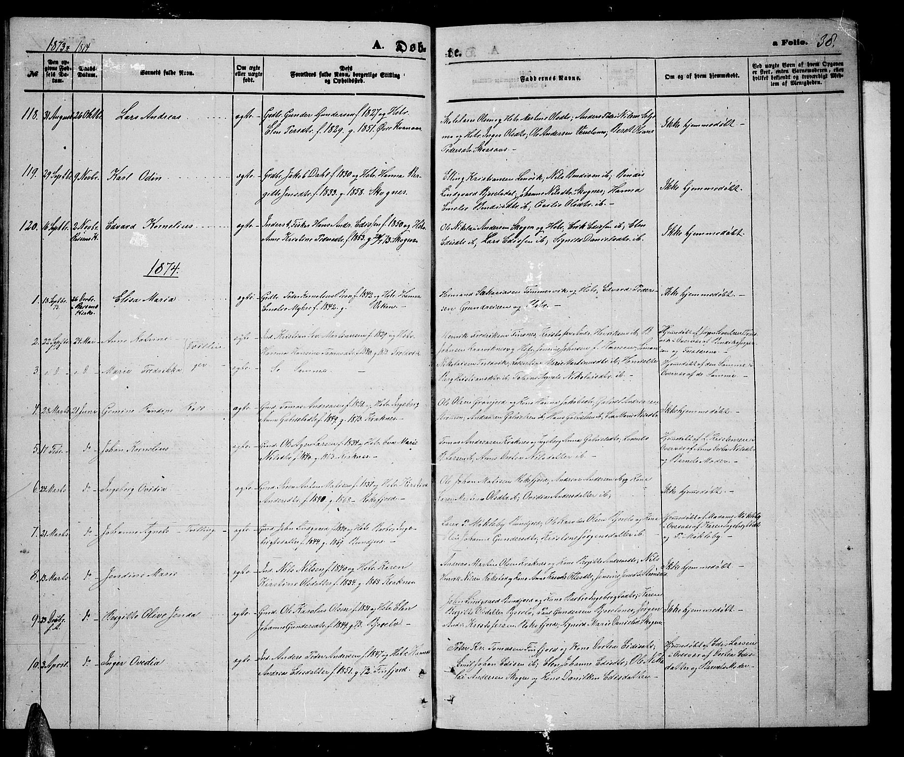 Lenvik sokneprestembete, SATØ/S-1310/H/Ha/Hab/L0005klokker: Parish register (copy) no. 5, 1870-1880, p. 38