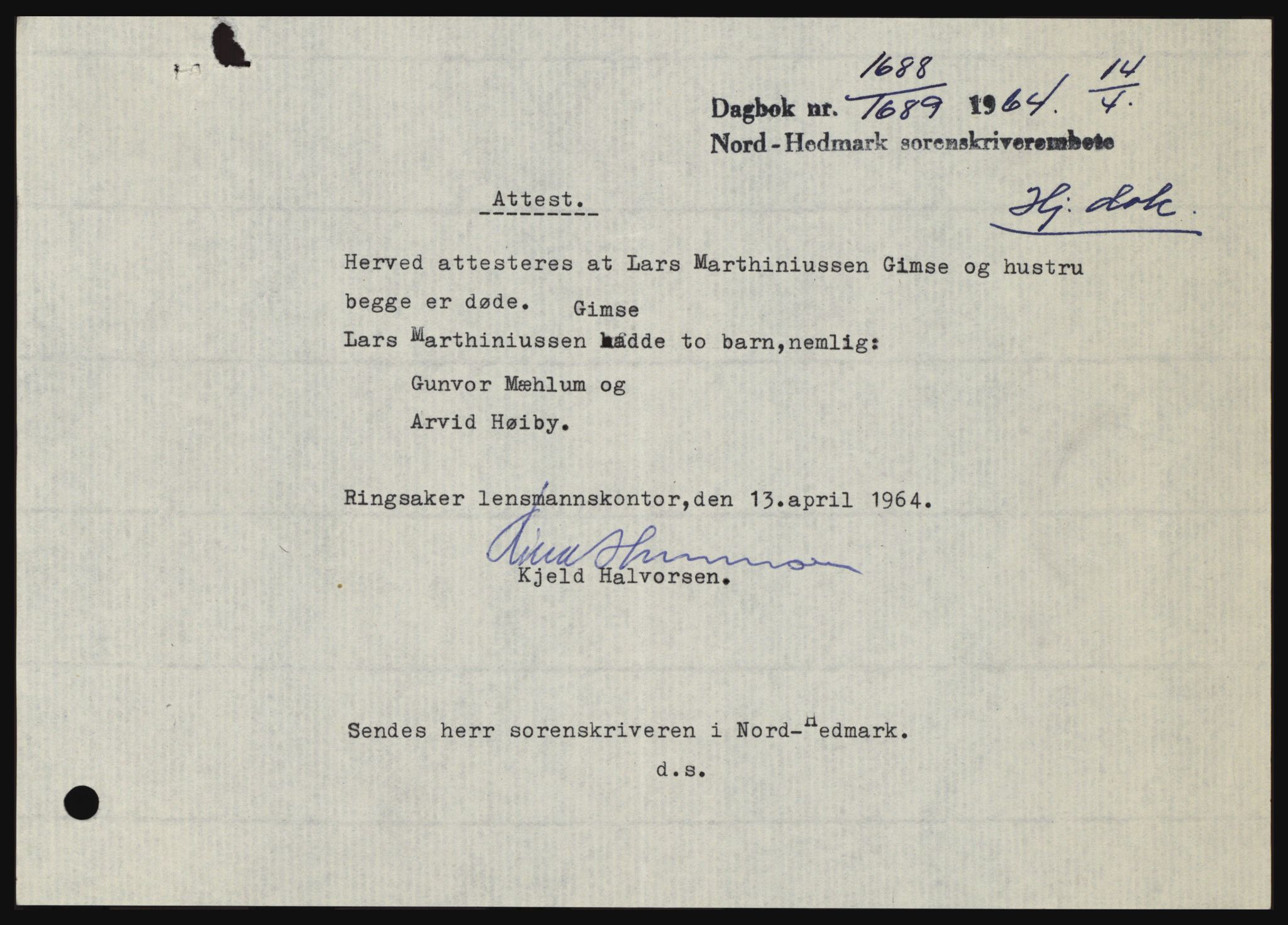 Nord-Hedmark sorenskriveri, AV/SAH-TING-012/H/Hc/L0019: Mortgage book no. 19, 1963-1964, Diary no: : 1688/1964