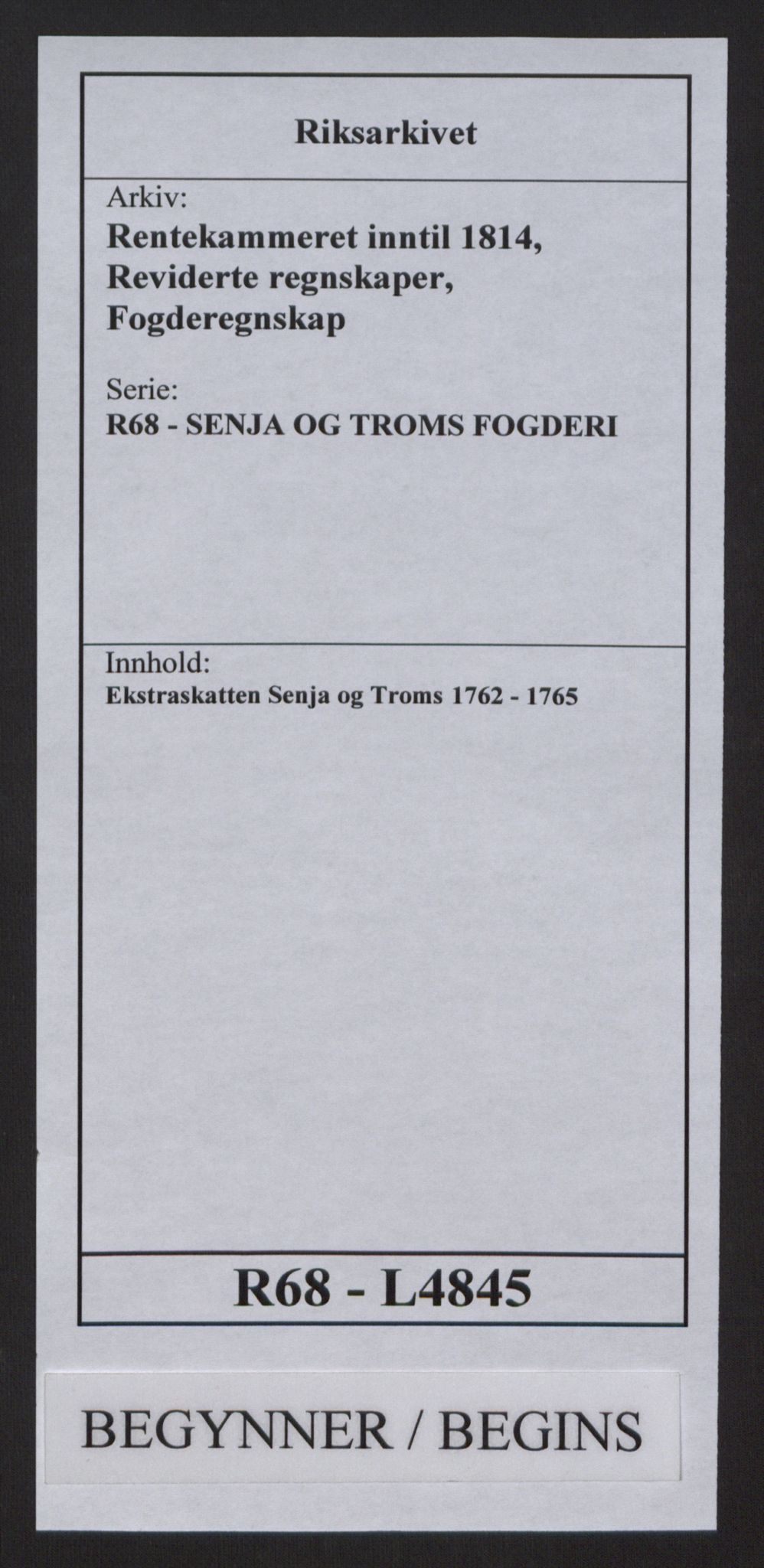 Rentekammeret inntil 1814, Reviderte regnskaper, Fogderegnskap, RA/EA-4092/R68/L4845: Ekstraskatten Senja og Troms, 1762-1765, p. 1