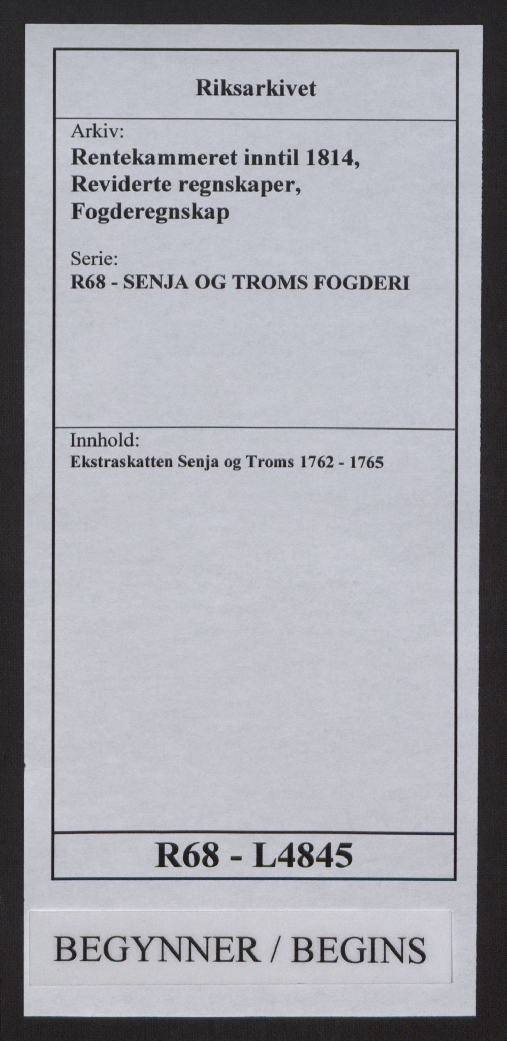 Rentekammeret inntil 1814, Reviderte regnskaper, Fogderegnskap, AV/RA-EA-4092/R68/L4845: Ekstraskatten Senja og Troms, 1762-1765, p. 1