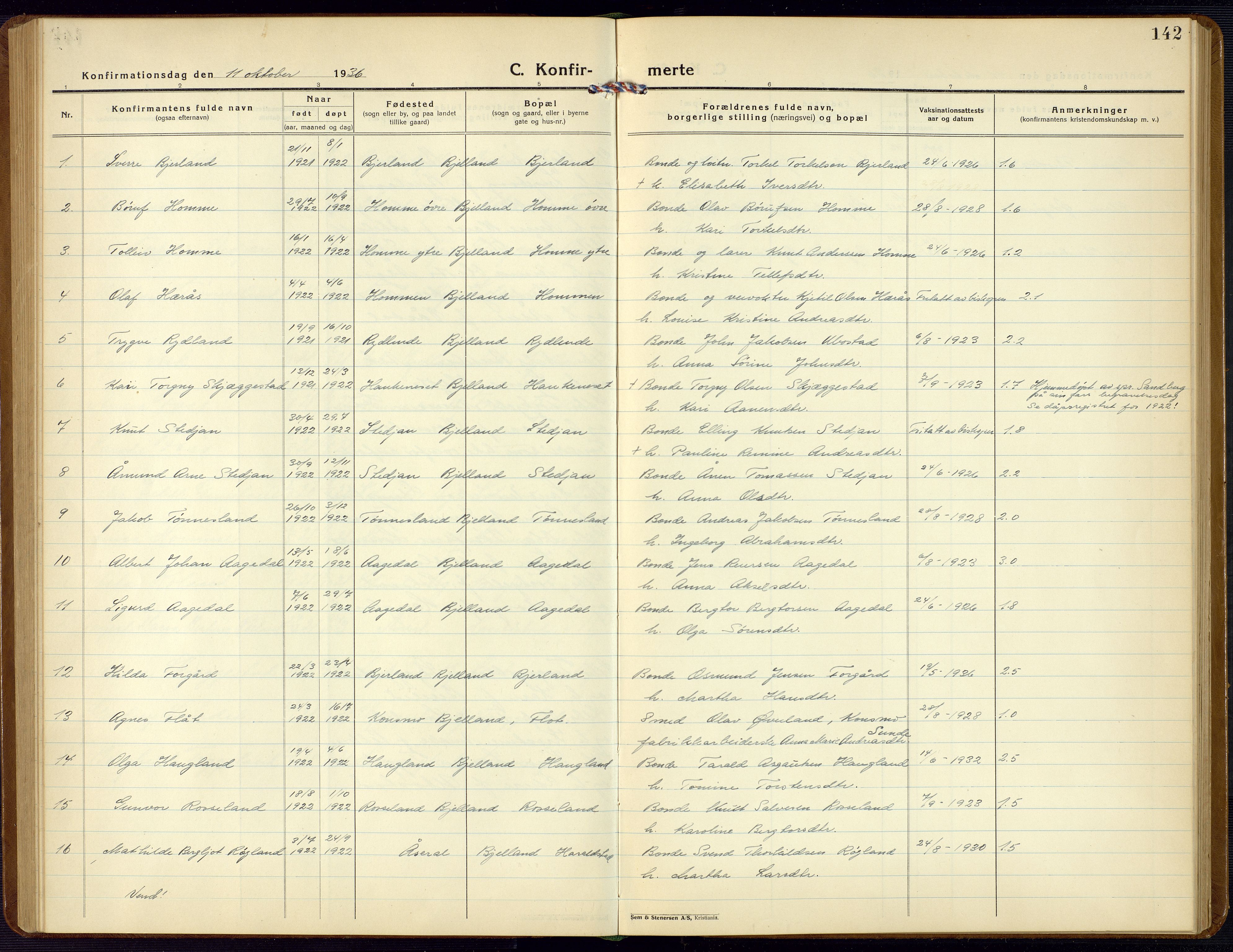 Bjelland sokneprestkontor, SAK/1111-0005/F/Fb/Fba/L0006: Parish register (copy) no. B 6, 1923-1956, p. 142