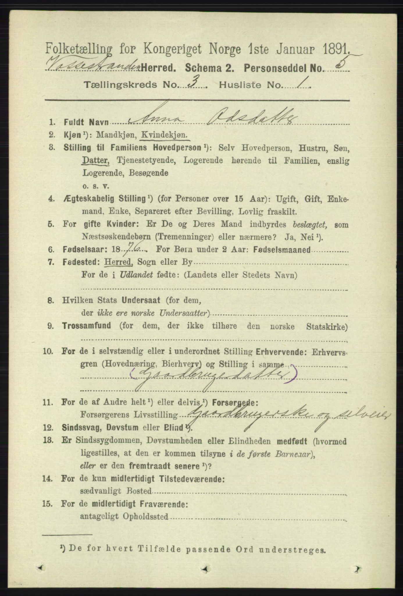 RA, 1891 census for 1236 Vossestrand, 1891, p. 1245