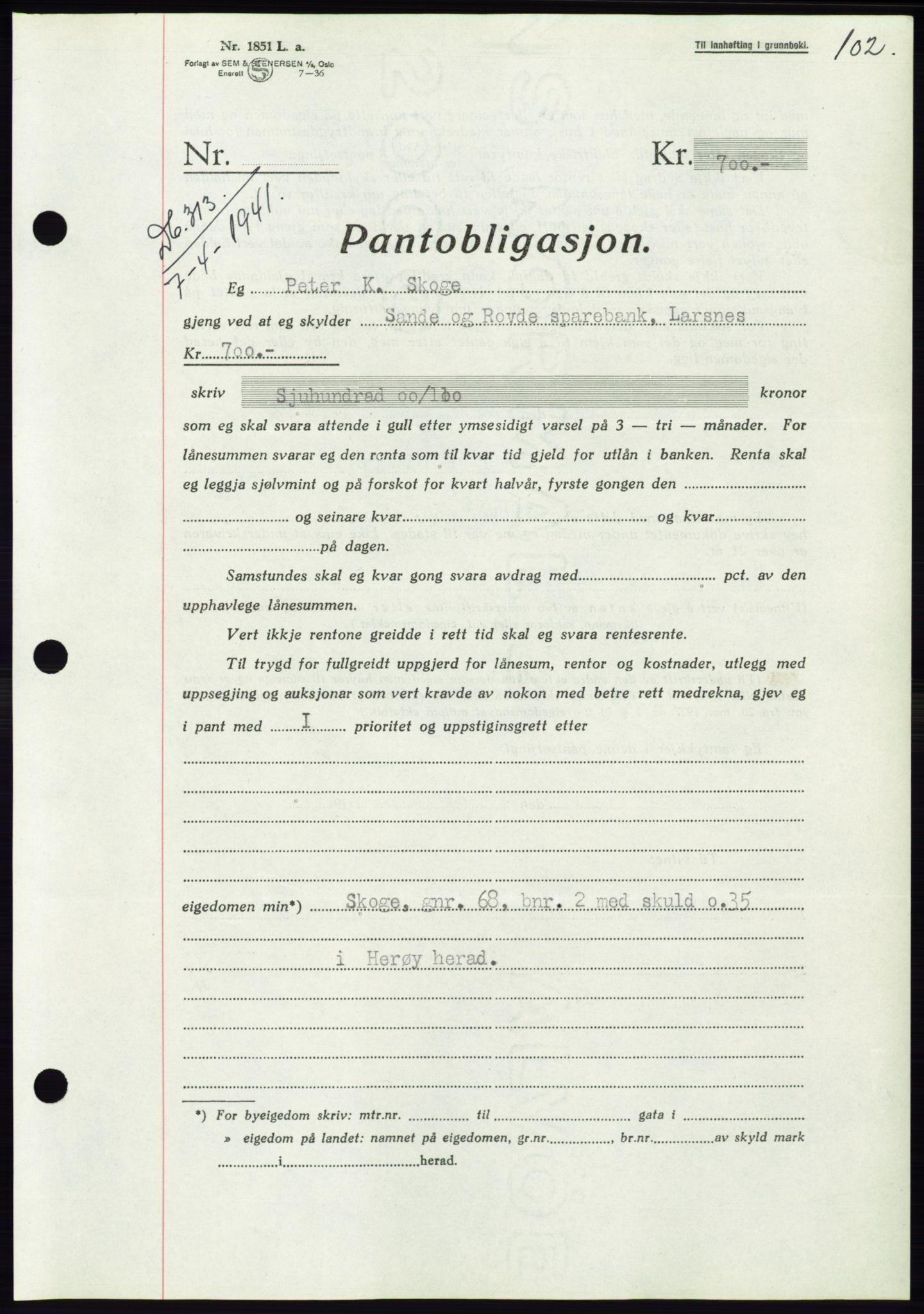 Søre Sunnmøre sorenskriveri, AV/SAT-A-4122/1/2/2C/L0071: Mortgage book no. 65, 1941-1941, Diary no: : 313/1941