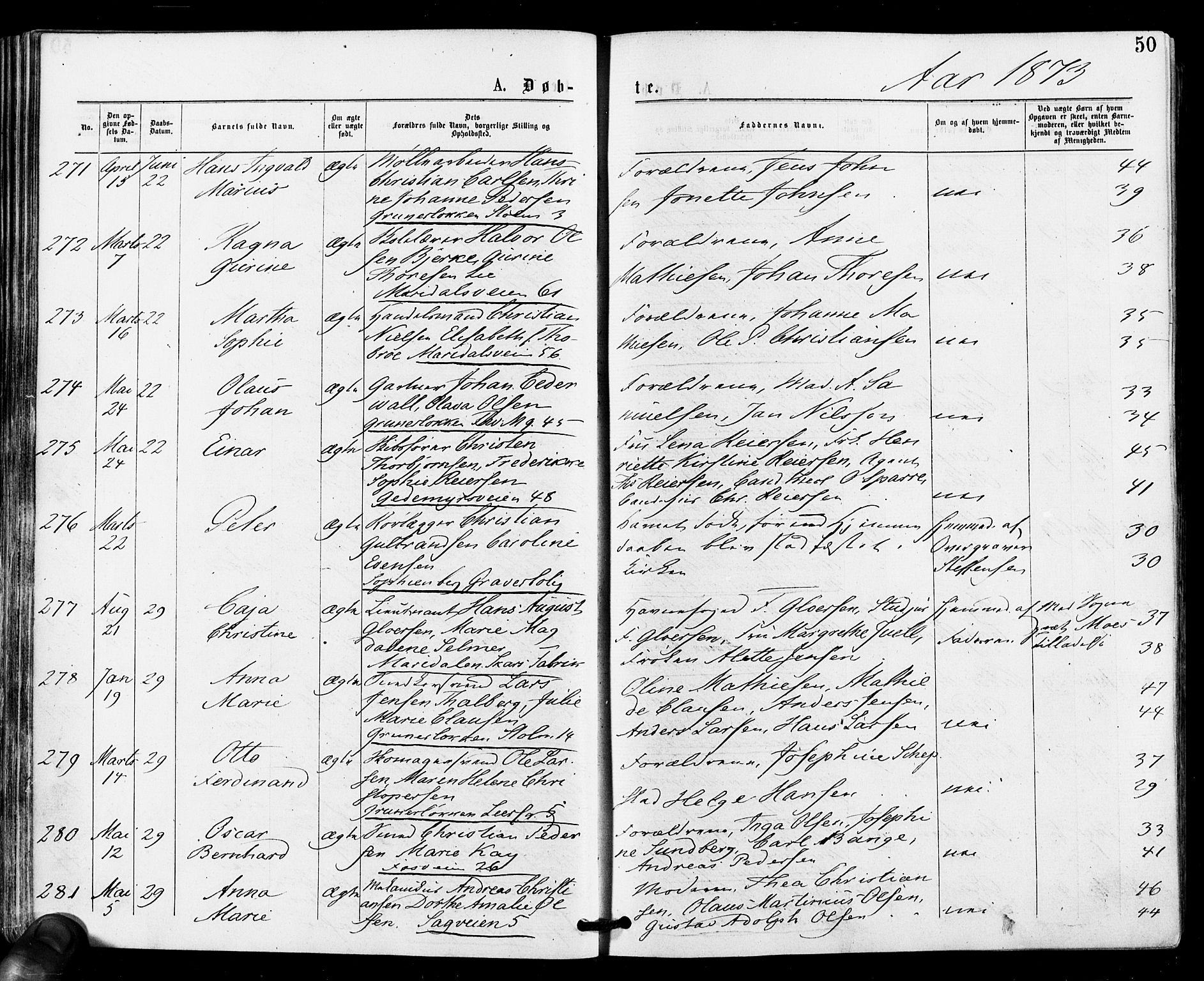 Gamle Aker prestekontor Kirkebøker, SAO/A-10617a/F/L0004: Parish register (official) no. 4, 1872-1879, p. 50